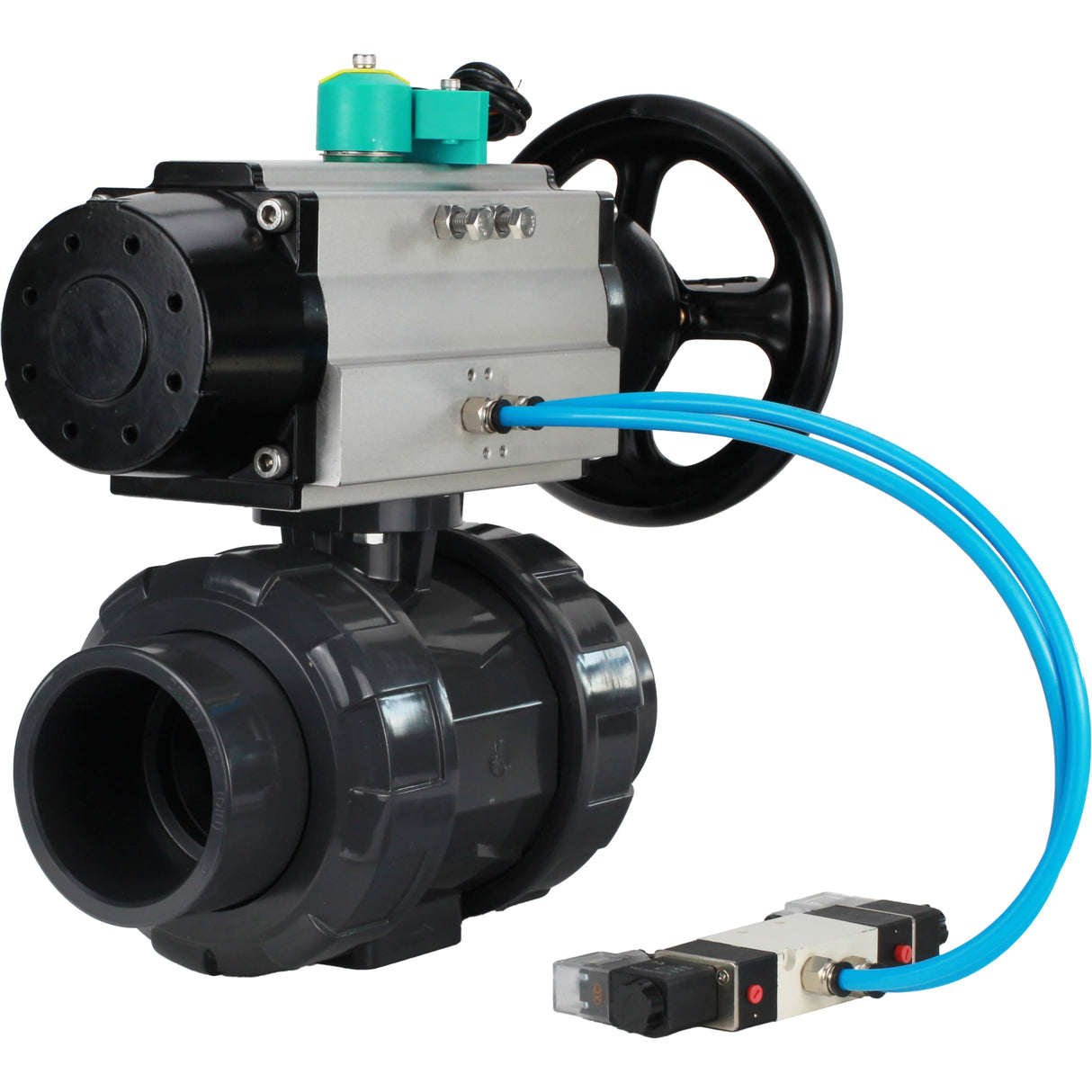 Ball valves Elephant BV4242E-FP-GRM-ISO, body material - UPVC, ball material - UPVC, seal - EPDM, with pneumatic actuator double action PA-DA-105-1, pneumatic distributor 4V320-08 220V and magnetic switch ALS200D