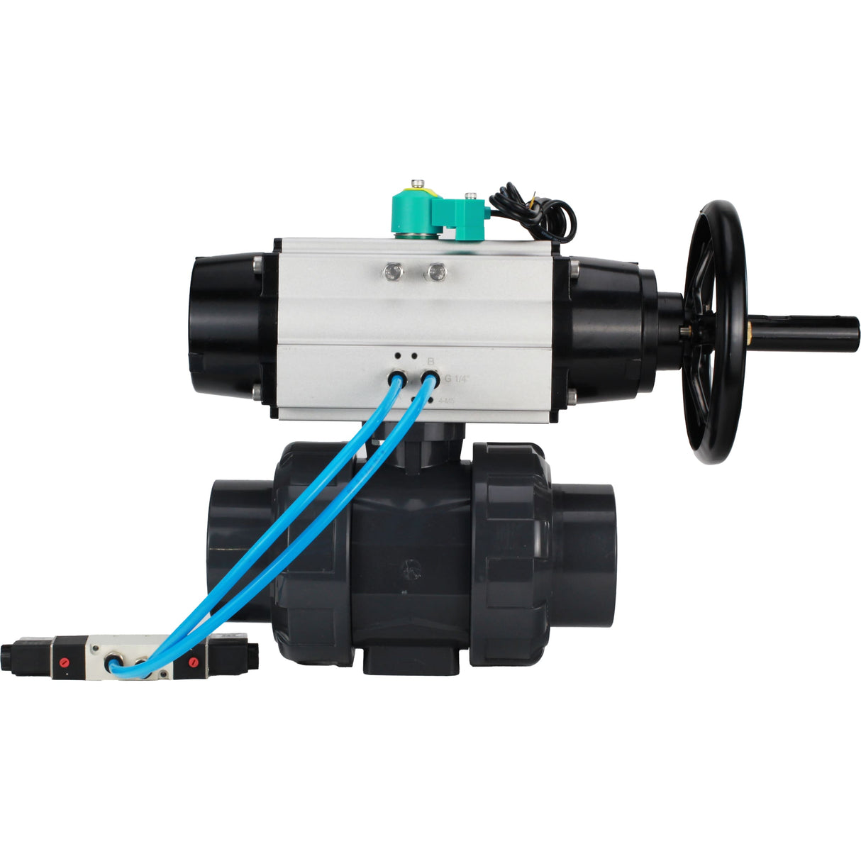 Ball valves Elephant BV4242E-FP-GRM-ISO, body material - UPVC, ball material - UPVC, seal - EPDM, with pneumatic actuator double action PA-DA-105-1, pneumatic distributor 4V320-08 220V and magnetic switch ALS200D