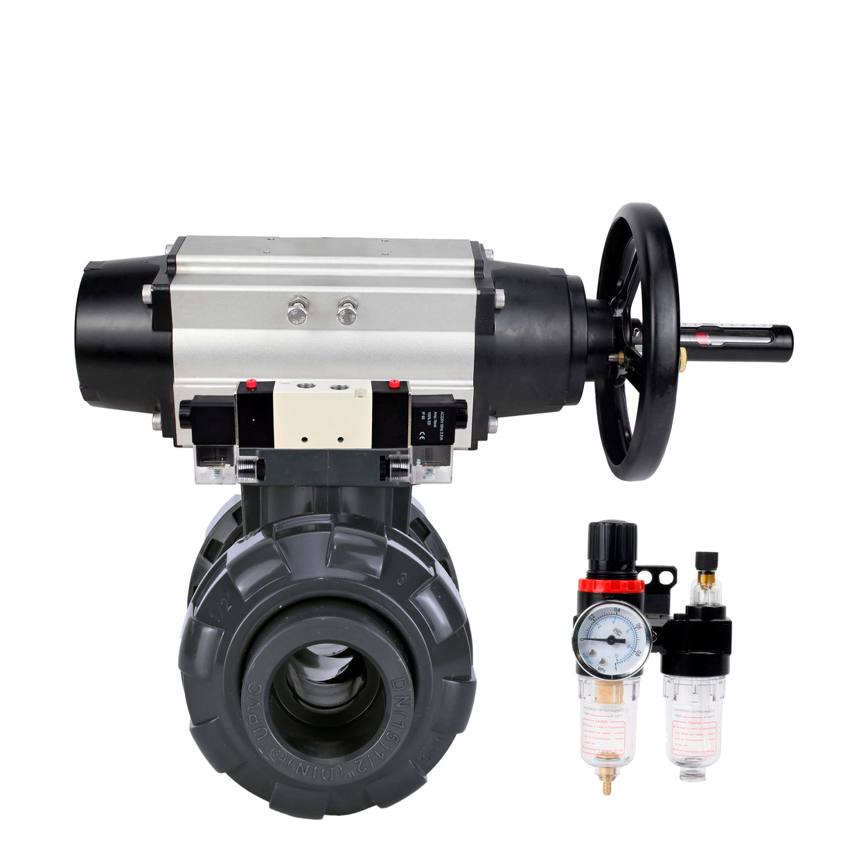 Ball valves Elephant BV4242E-FP-GRM-ISO, body material - UPVC, ball material - UPVC, seal - EPDM, with pneumatic actuator double action PA-DA-105-1, pneumatic distributor 4V320-08 220V and ATU AFC2000