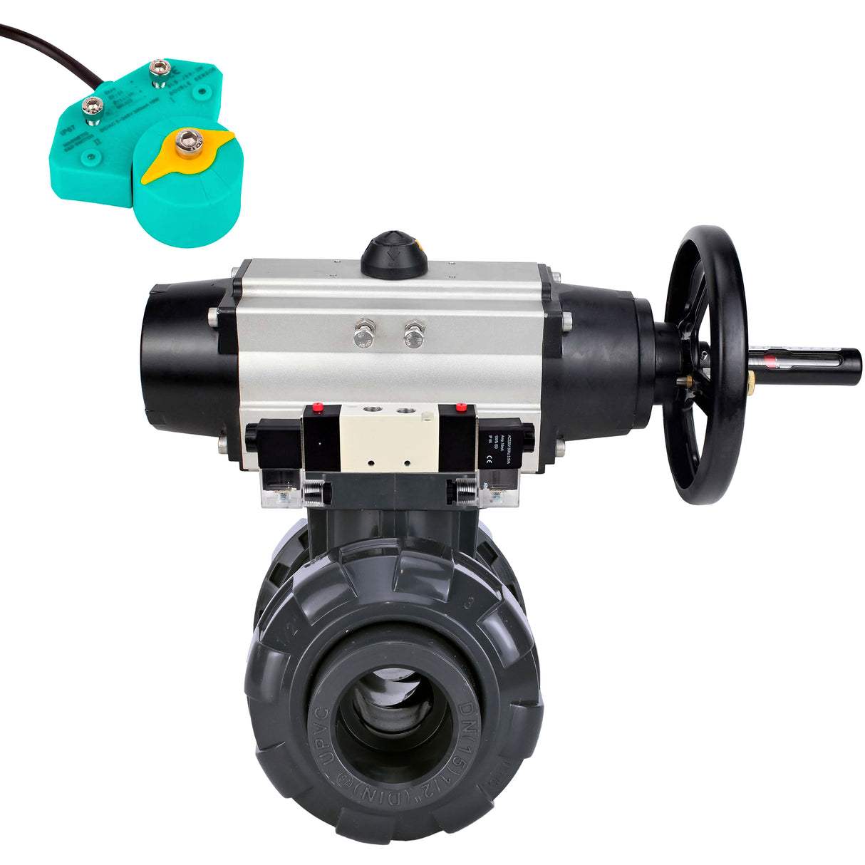 Ball valves Elephant BV4242E-FP-GRM-ISO, body material - UPVC, ball material - UPVC, seal - EPDM, with pneumatic actuator double action PA-DA-105-1, pneumatic distributor 4V320-08 220V and magnetic switch ALS200D