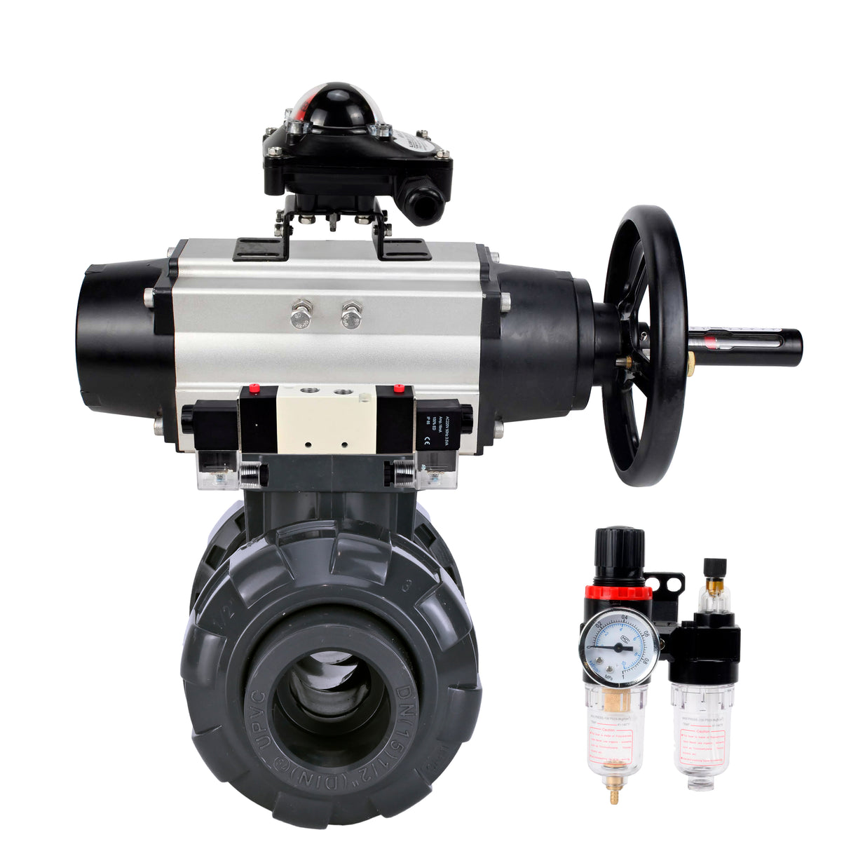 Ball valves Elephant BV4242E-FP-GRM-ISO, body material - UPVC, ball material - UPVC, seal - EPDM, with pneumatic actuator double action PA-DA-105-1, pneumatic distributor 4V320-08 220V, LSU APL-210N and ATU AFC2000