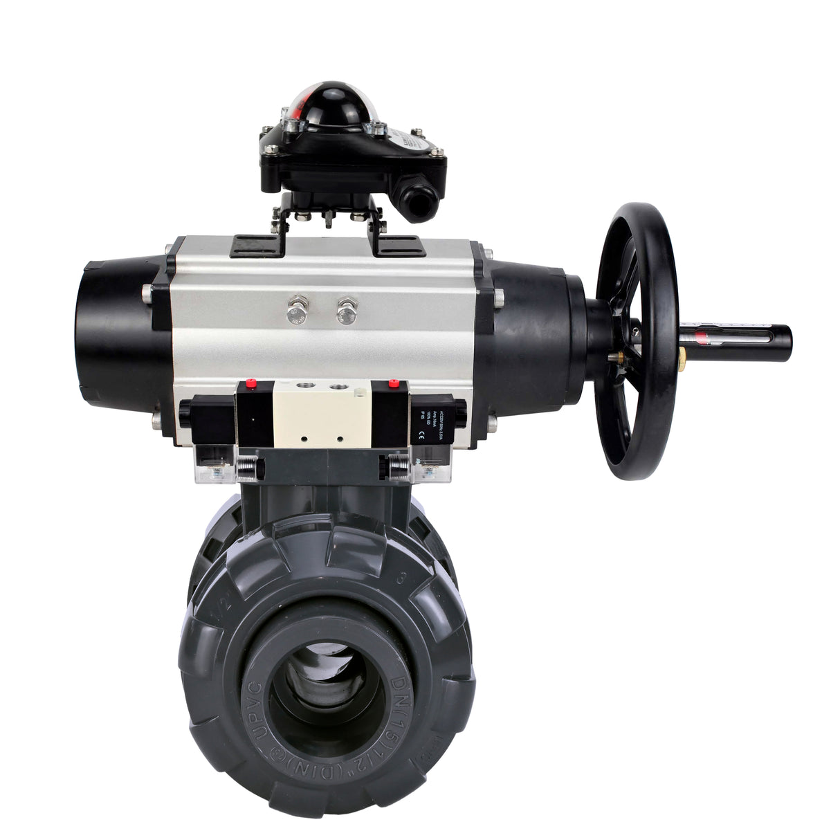 Ball valves Elephant BV4242E-FP-GRM-ISO, body material - UPVC, ball material - UPVC, seal - EPDM, with pneumatic actuator double action PA-DA-105-1, pneumatic distributor 4V320-10 220V and LSU APL-210N