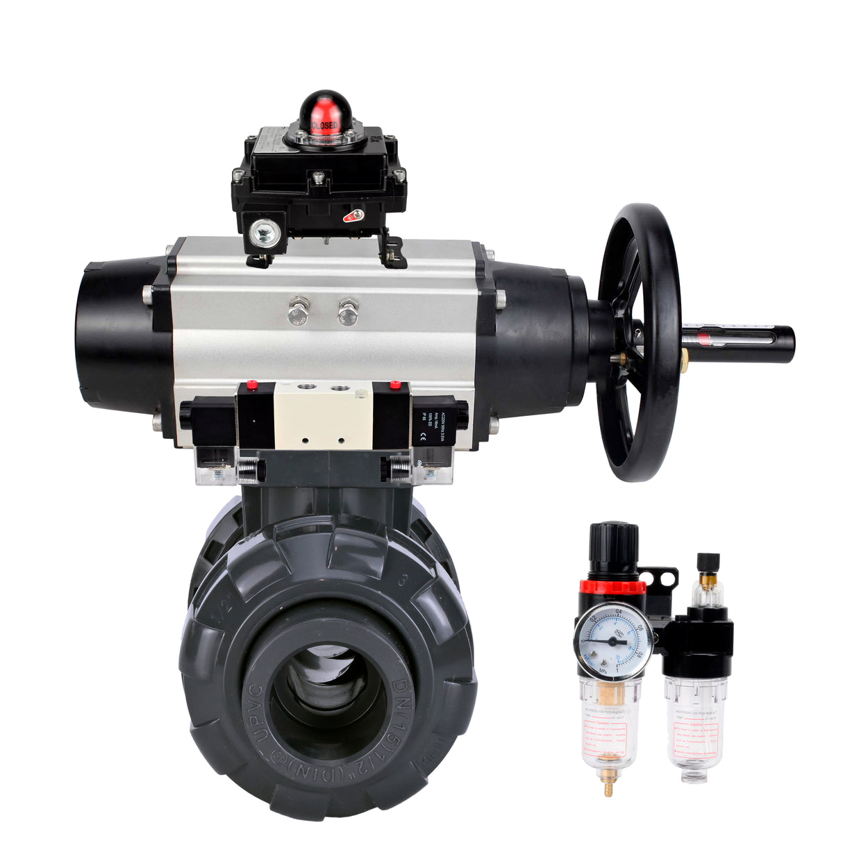 Ball valves Elephant BV4242E-FP-GRM-ISO, body material - UPVC, ball material - UPVC, seal - EPDM, with pneumatic actuator double action PA-DA-105-1, pneumatic distributor 4V320-08 220V, LSU APL-410N EX and ATU AFC2000
