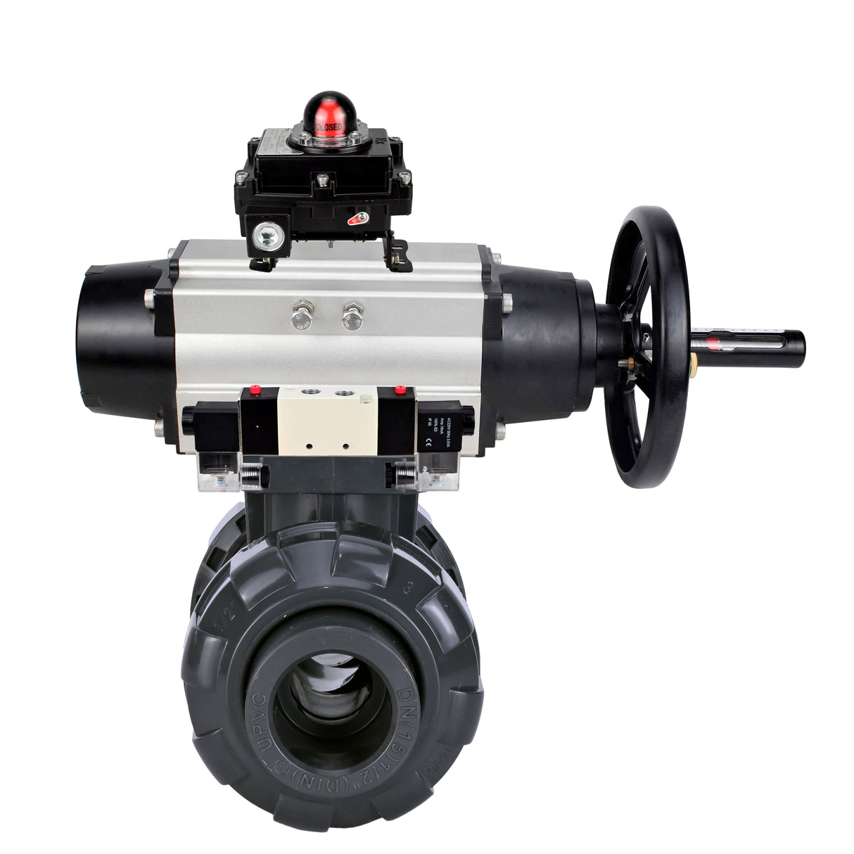 Ball valves Elephant BV4242E-FP-GRM-ISO, body material - UPVC, ball material - UPVC, seal - EPDM, with pneumatic actuator double action PA-DA-105-1, pneumatic distributor 4V320-08 220V and LSU APL-410N EX