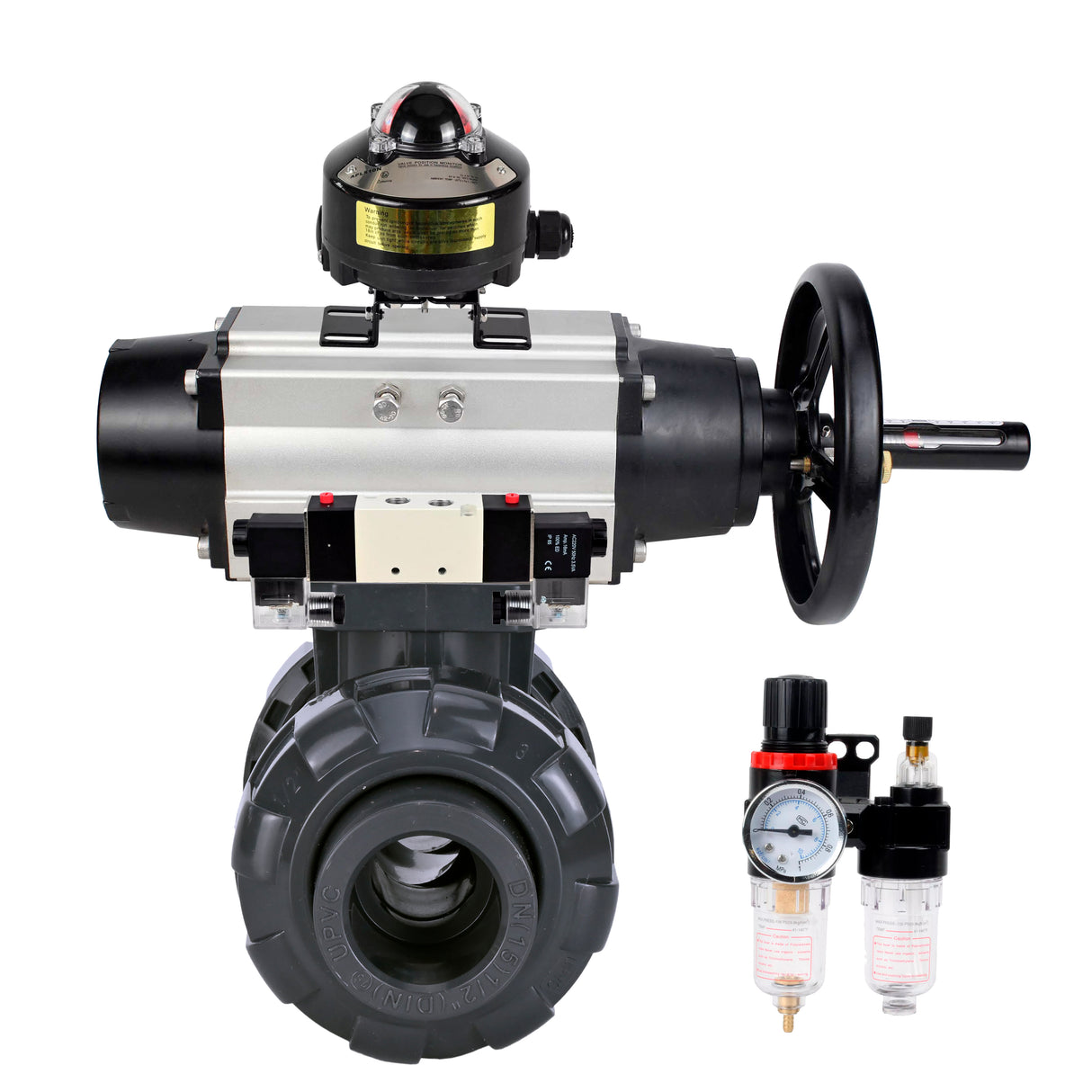 Ball valves Elephant BV4242E-FP-GRM-ISO, body material - UPVC, ball material - UPVC, seal - EPDM, with pneumatic actuator double action PA-DA-105-1, pneumatic distributor 4V320-08 220V, LSU APL-510N EX and ATU AFC2000