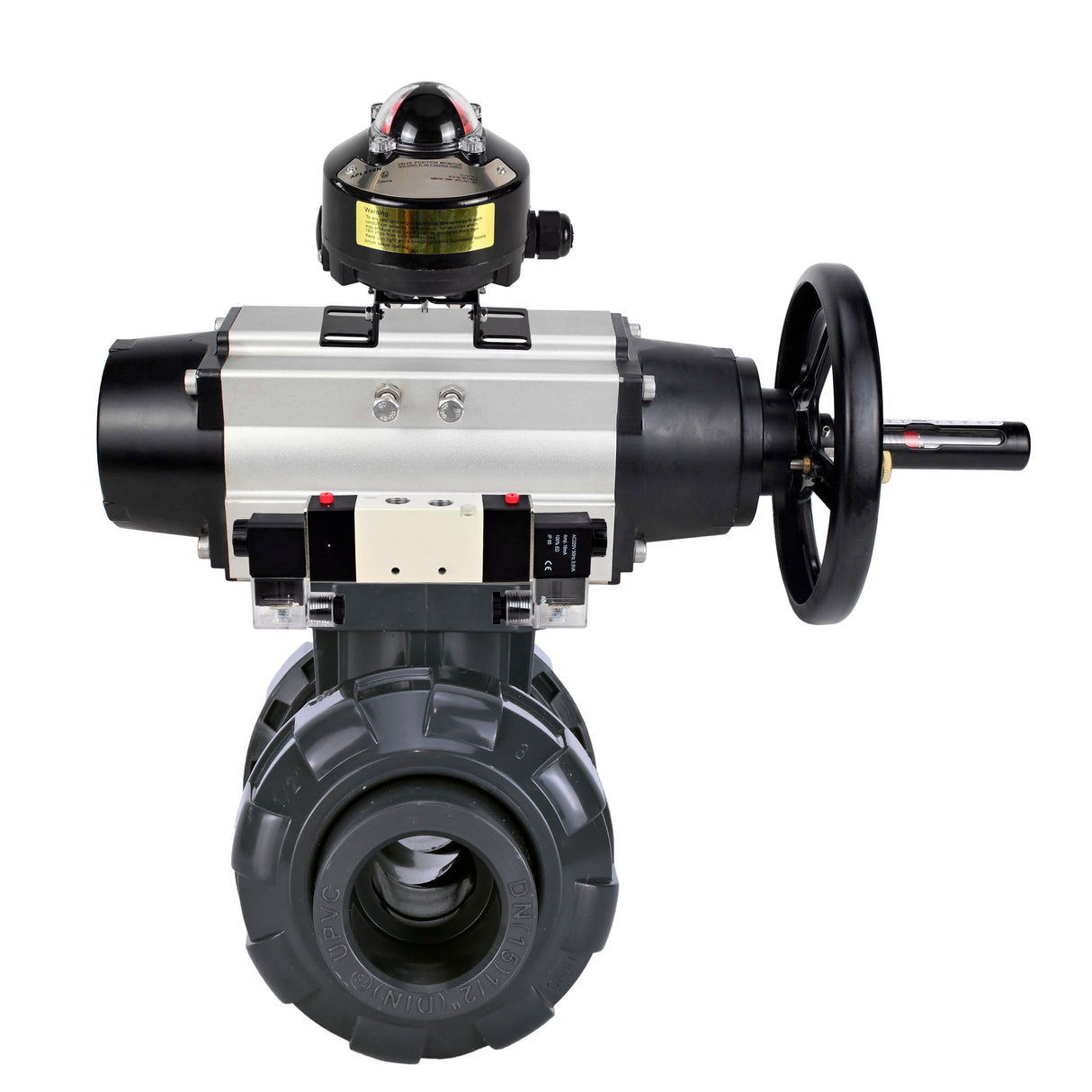 Ball valves Elephant BV4242E-FP-GRM-ISO, body material - UPVC, ball material - UPVC, seal - EPDM, with pneumatic actuator double action PA-DA-105-1, pneumatic distributor 4V320-10 220V and LSU APL-510N EX
