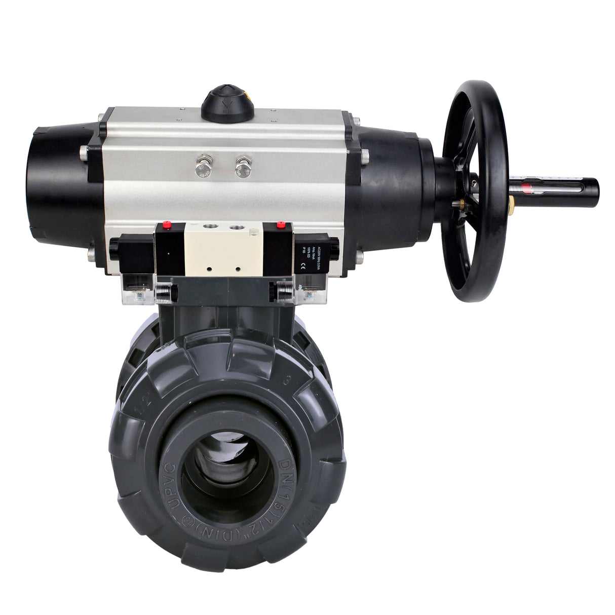 Ball valves Elephant BV4242E-FP-GRM-ISO, body material - UPVC, ball material - UPVC, seal - EPDM, with pneumatic actuator double action PA-DA-105-1 and pneumatic distributor 4V320-10 220V
