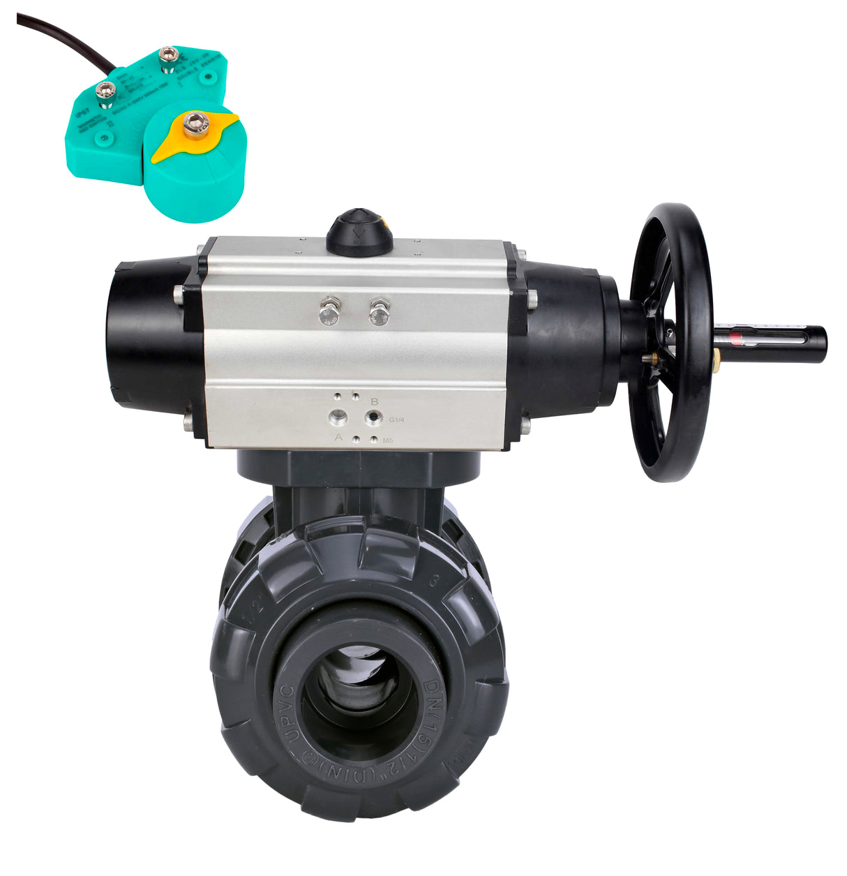 Ball valves Elephant BV4242E-FP-GRM-ISO, body material - UPVC, ball material - UPVC, seal - EPDM, with pneumatic actuator double action PA-DA-105-1 and magnetic switch ALS200D