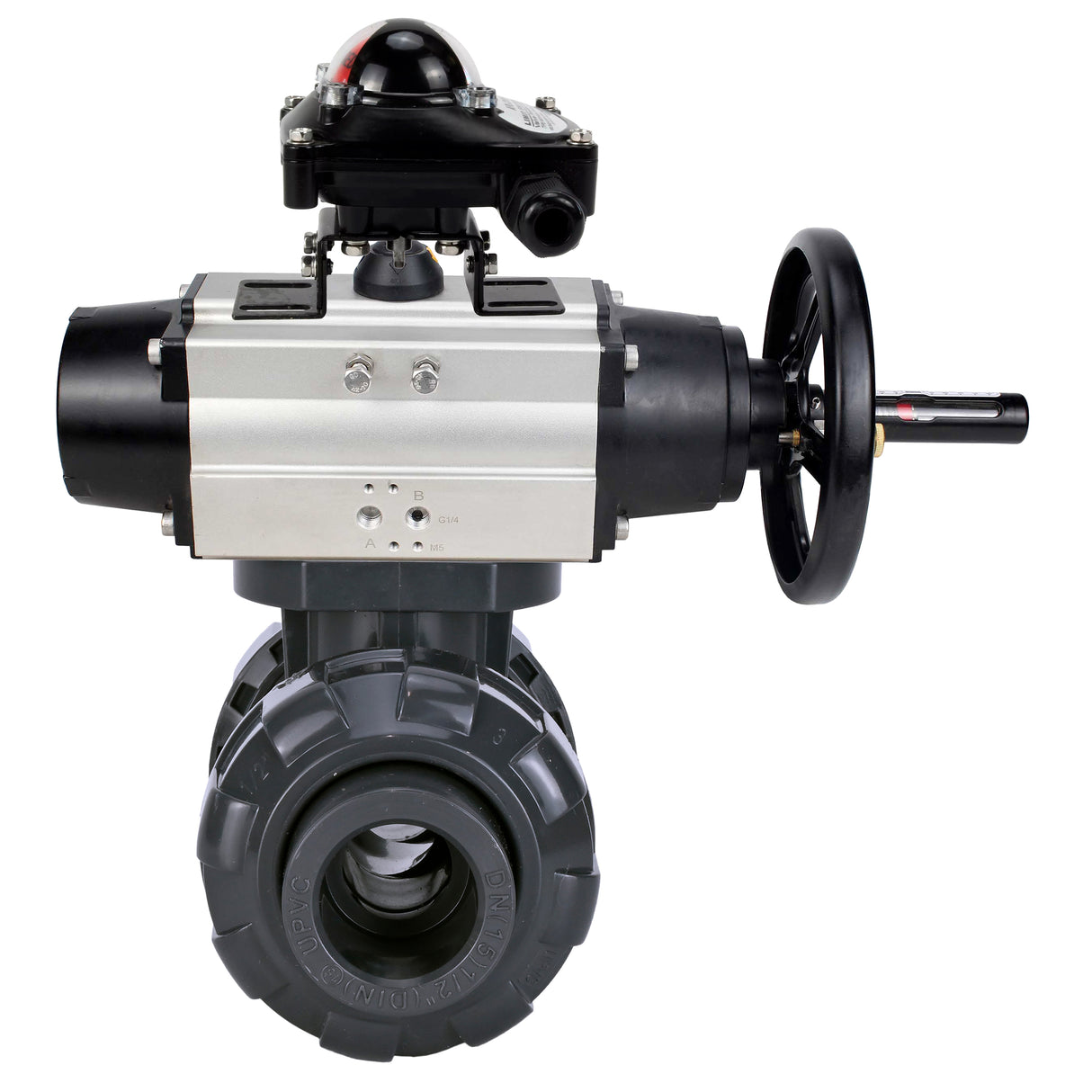 Ball valves Elephant BV4242E-FP-GRM-ISO, body material - UPVC, ball material - UPVC, seal - EPDM, with pneumatic actuator double action PA-DA-105-1 and LSU APL-210N