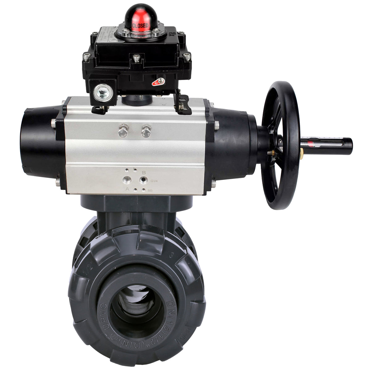 Ball valves Elephant BV4242E-FP-GRM-ISO, body material - UPVC, ball material - UPVC, seal - EPDM, with pneumatic actuator double action PA-DA-105-1 and LSU APL-410N EX