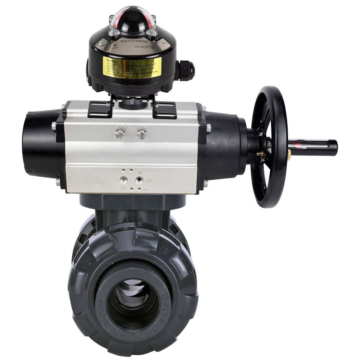 Ball valves Elephant BV4242E-FP-GRM-ISO, body material - UPVC, ball material - UPVC, seal - EPDM, with pneumatic actuator double action PA-DA-105-1 and LSU APL-510N EX