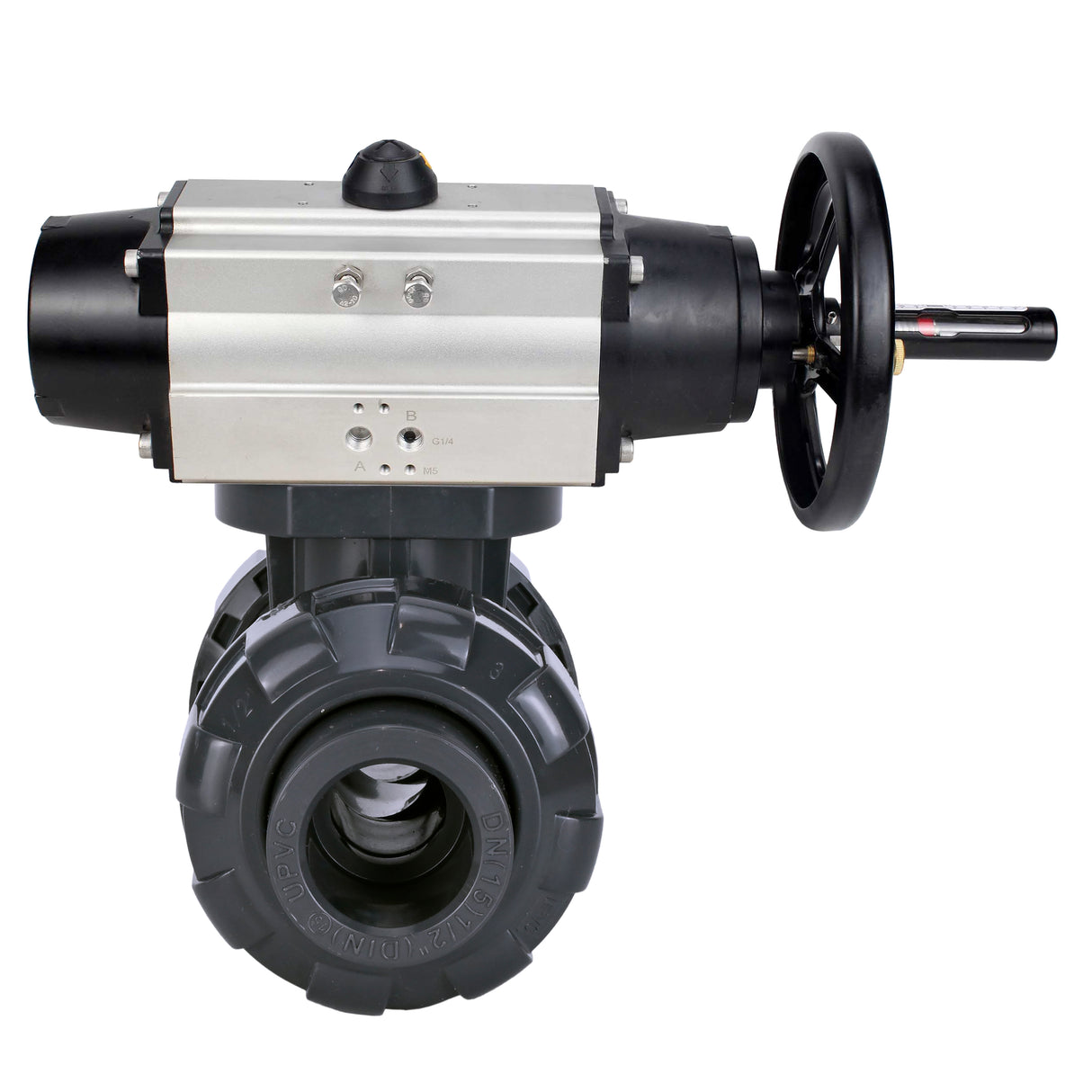 Ball valves Elephant BV4242E-FP-GRM-ISO, body material - UPVC, ball material - UPVC, seal - EPDM, with pneumatic actuator double action PA-DA-105-1