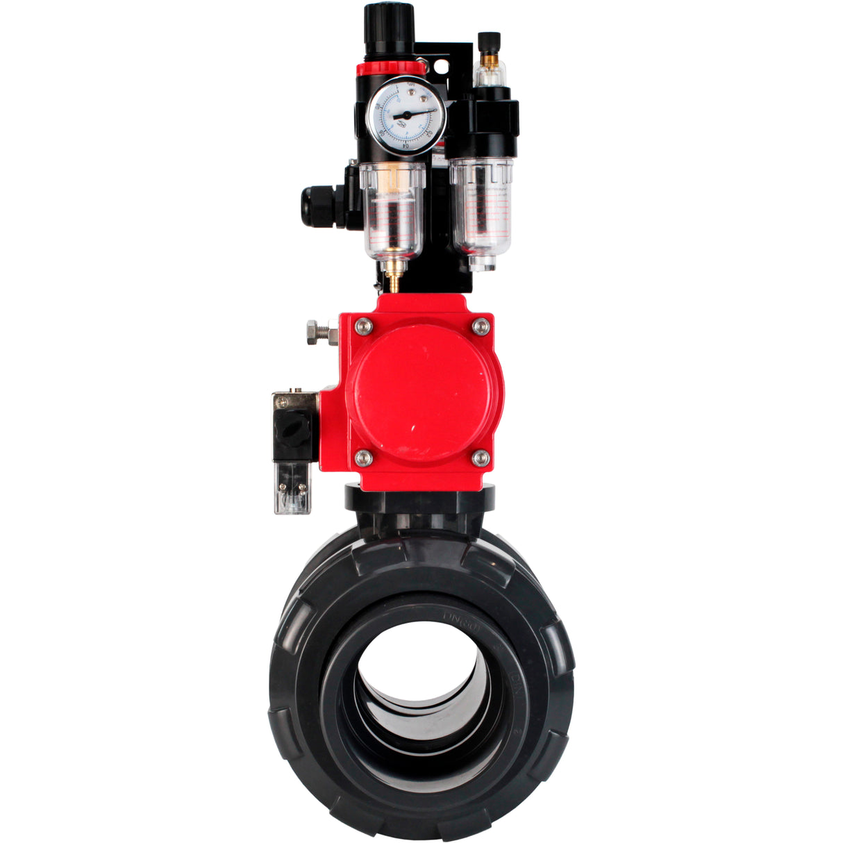 Ball valves Elephant BV4242E-FP-GRM-ISO, body material - UPVC, ball material - UPVC, seal - EPDM, with pneumatic actuator double action PA-DA, pneumatic distributor 4M310-08 220V, LSU APL-210N and ATU AFC2000