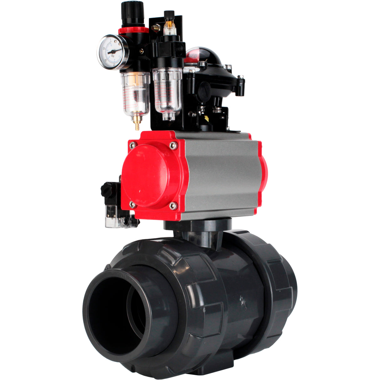 Ball valves Elephant BV4242E-FP-GRM-ISO, body material - UPVC, ball material - UPVC, seal - EPDM, with pneumatic actuator double action PA-DA, pneumatic distributor 4M310-08 220V, LSU APL-210N and ATU AFC2000