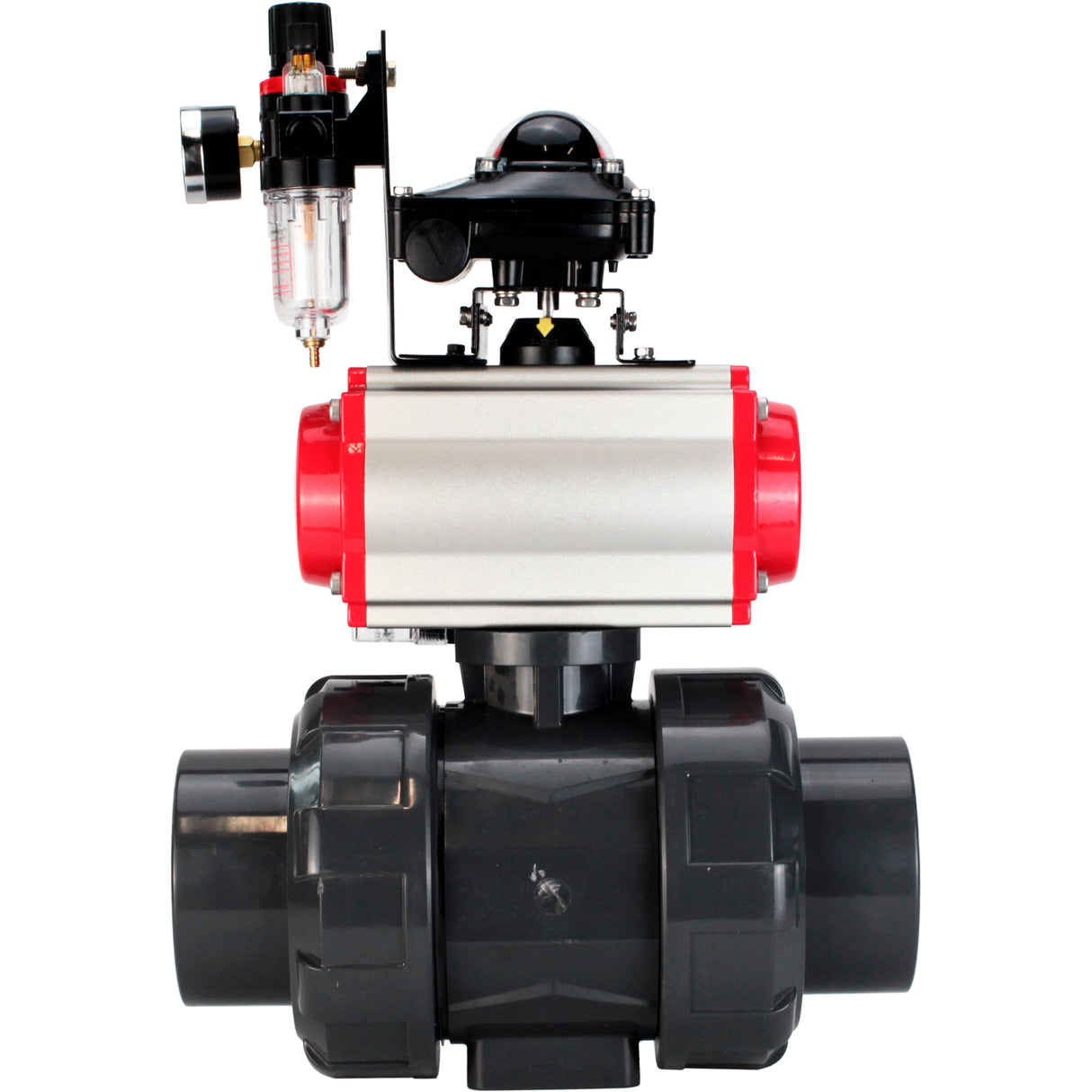 Ball valves Elephant BV4242E-FP-GRM-ISO, body material - UPVC, ball material - UPVC, seal - EPDM, with pneumatic actuator double action PA-DA, pneumatic distributor 4M310-08 220V, LSU APL-210N and ATU AFC2000