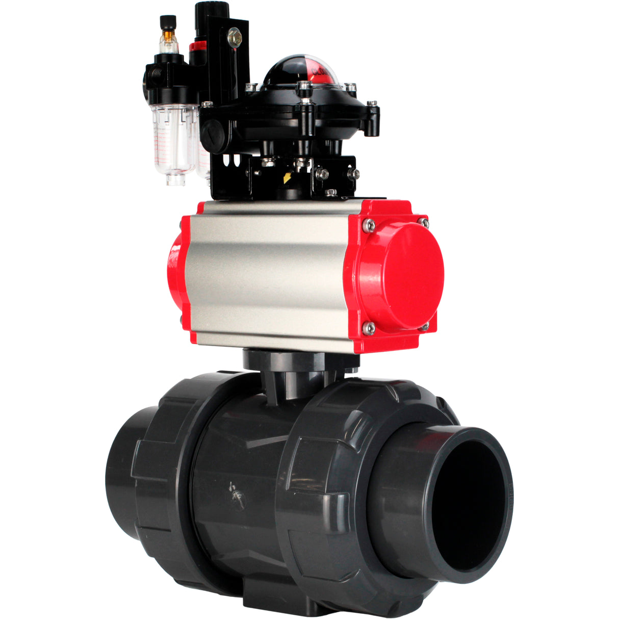 Ball valves Elephant BV4242E-FP-GRM-ISO, body material - UPVC, ball material - UPVC, seal - EPDM, with pneumatic actuator double action PA-DA, pneumatic distributor 4M310-08 220V, LSU APL-210N and ATU AFC2000