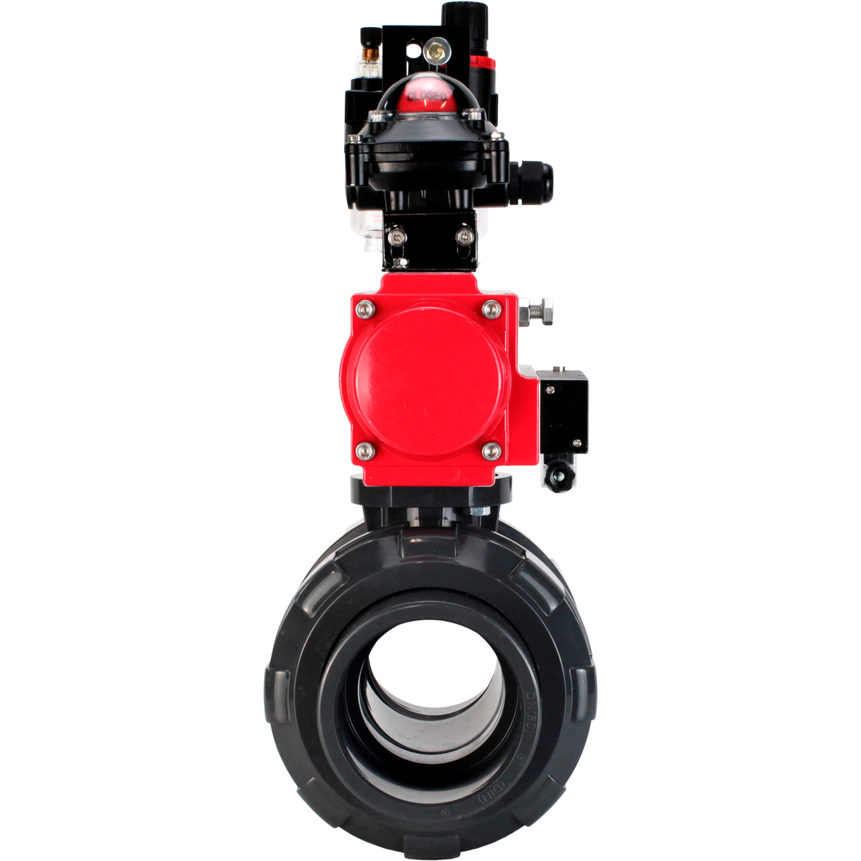 Ball valves Elephant BV4242E-FP-GRM-ISO, body material - UPVC, ball material - UPVC, seal - EPDM, with pneumatic actuator double action PA-DA, pneumatic distributor 4M310-08 220V, LSU APL-210N and ATU AFC2000