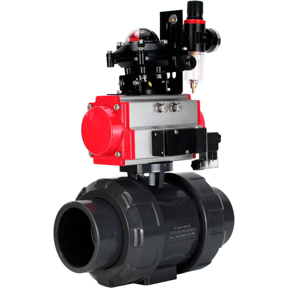 Ball valves Elephant BV4242E-FP-GRM-ISO, body material - UPVC, ball material - UPVC, seal - EPDM, with pneumatic actuator double action PA-DA, pneumatic distributor 4M310-08 220V, LSU APL-210N and ATU AFC2000