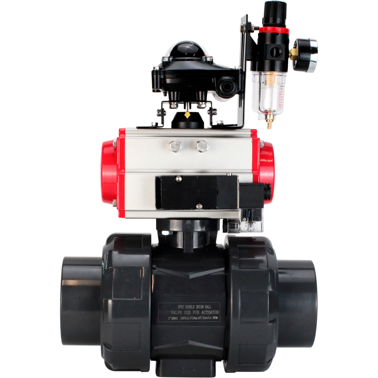 Ball valves Elephant BV4242E-FP-GRM-ISO, body material - UPVC, ball material - UPVC, seal - EPDM, with pneumatic actuator double action PA-DA, pneumatic distributor 4M310-08 220V, LSU APL-210N and ATU AFC2000