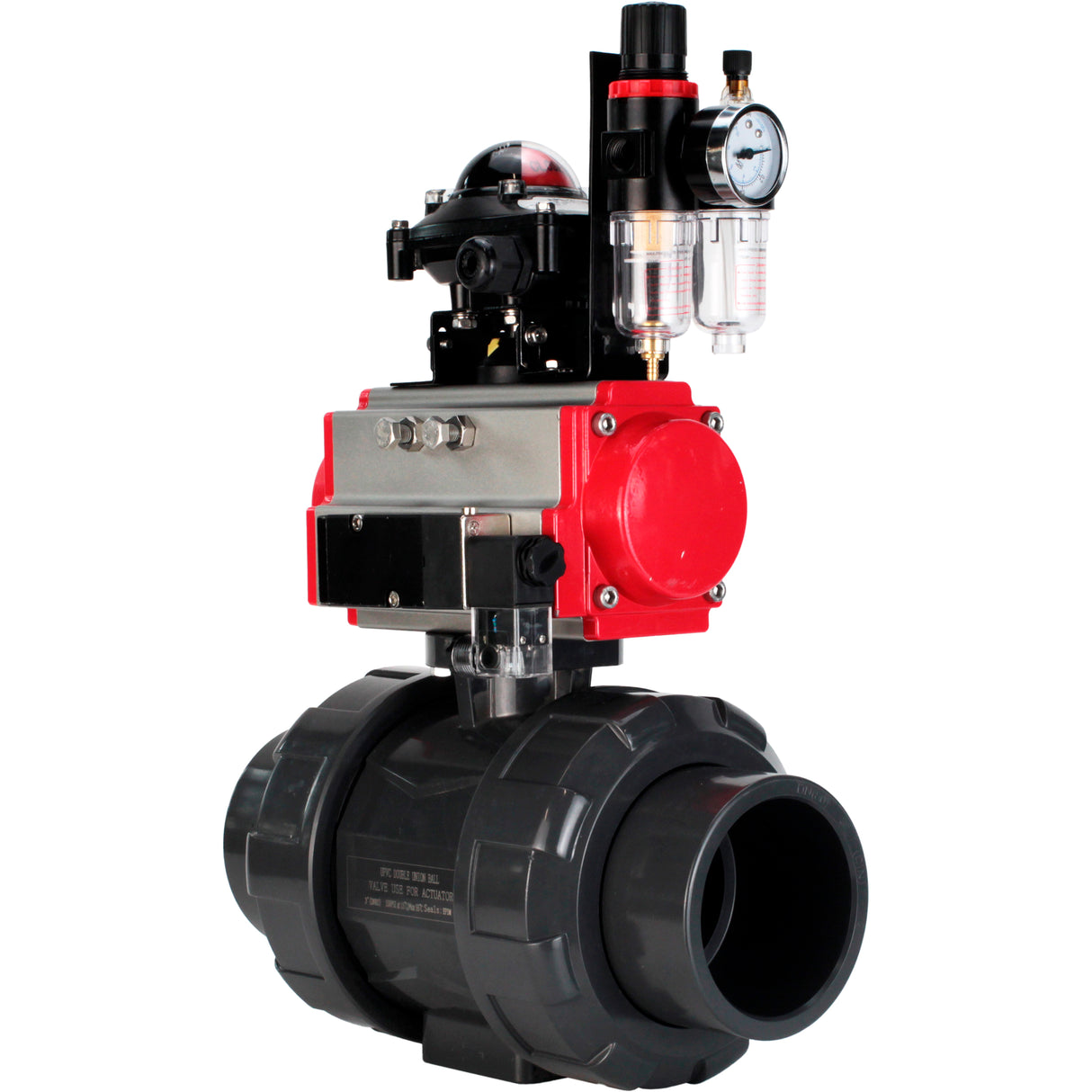 Ball valves Elephant BV4242E-FP-GRM-ISO, body material - UPVC, ball material - UPVC, seal - EPDM, with pneumatic actuator double action PA-DA, pneumatic distributor 4M310-08 24V, LSU APL-210N and ATU AFC2000