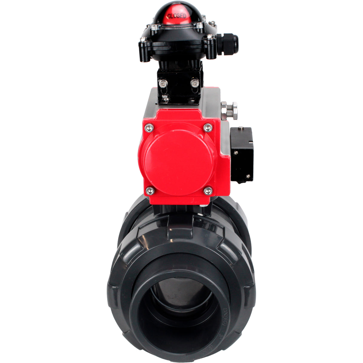 Ball valves Elephant BV4242E-FP-GRM-ISO, body material - UPVC, ball material - UPVC, seal - EPDM, with pneumatic actuator double action PA-DA, pneumatic distributor 4M310-08 220V and LSU APL-210N
