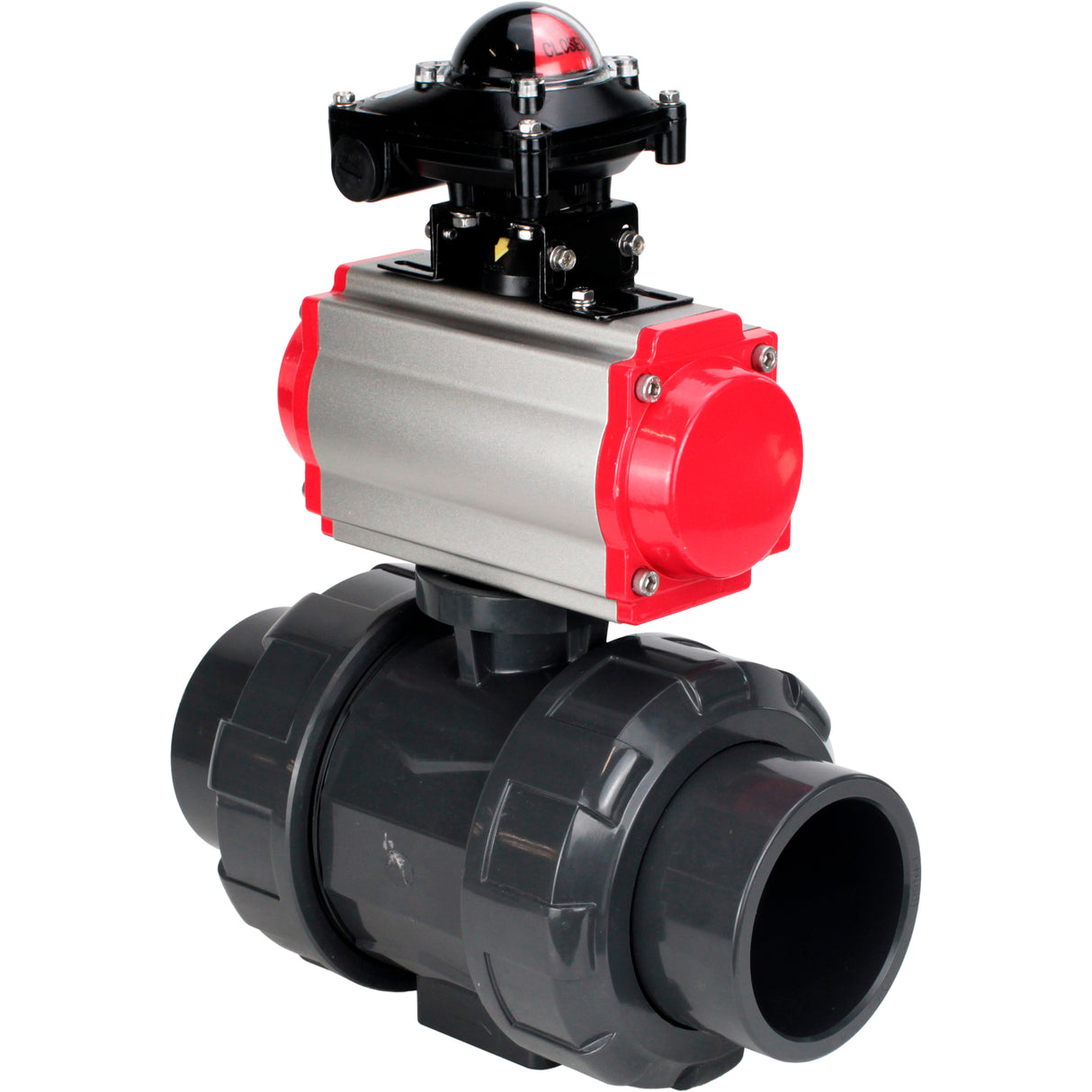 Ball valves Elephant BV4242E-FP-GRM-ISO, body material - UPVC, ball material - UPVC, seal - EPDM, with pneumatic actuator double action PA-DA, pneumatic distributor 4M310-08 220V and LSU APL-210N