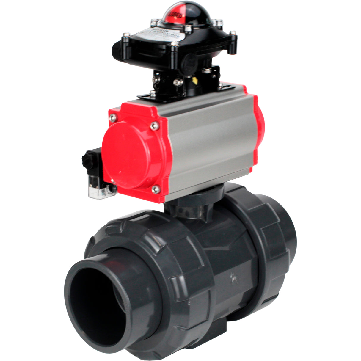 Ball valves Elephant BV4242E-FP-GRM-ISO, body material - UPVC, ball material - UPVC, seal - EPDM, with pneumatic actuator double action PA-DA, pneumatic distributor 4M310-08 220V and LSU APL-210N
