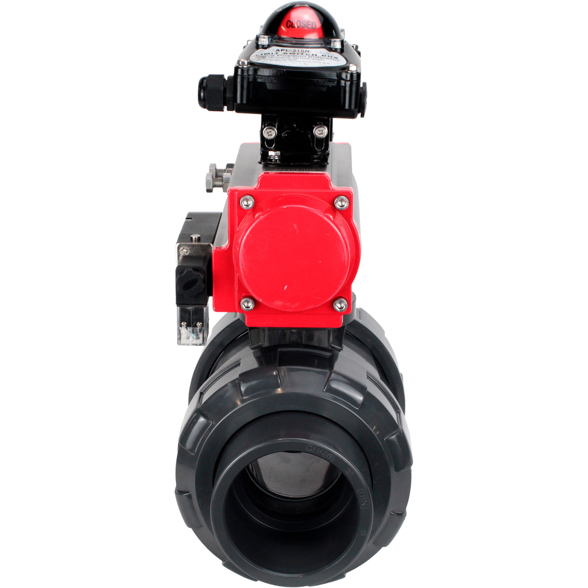 Ball valves Elephant BV4242E-FP-GRM-ISO, body material - UPVC, ball material - UPVC, seal - EPDM, with pneumatic actuator double action PA-DA, pneumatic distributor 4M310-08 220V and LSU APL-210N