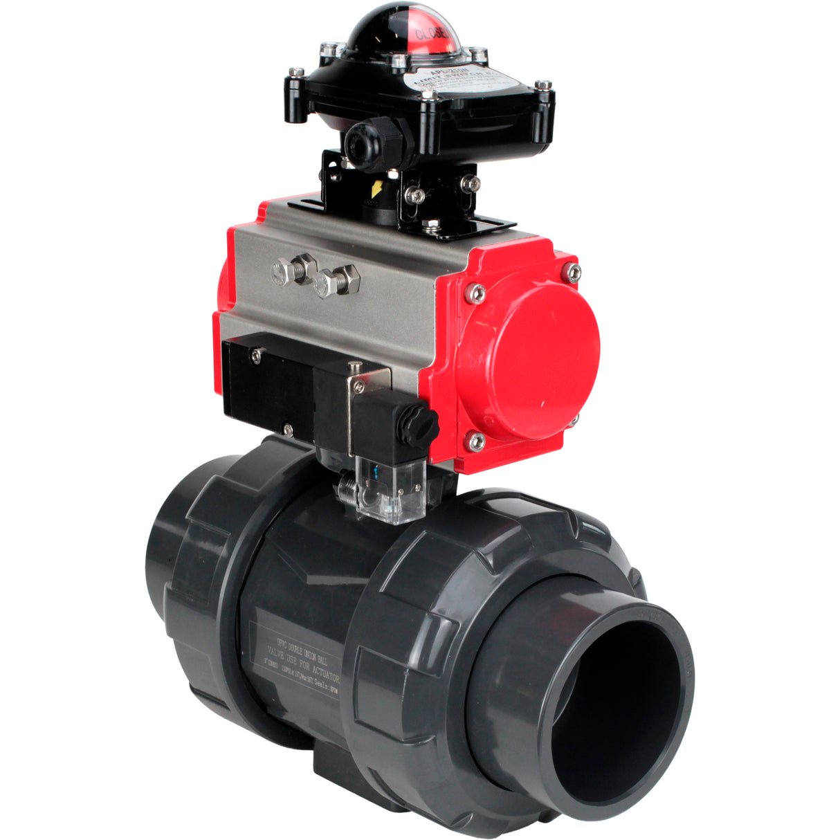 Ball valves Elephant BV4242E-FP-GRM-ISO, body material - UPVC, ball material - UPVC, seal - EPDM, with pneumatic actuator double action PA-DA, pneumatic distributor 4M310-08 220V and LSU APL-210N