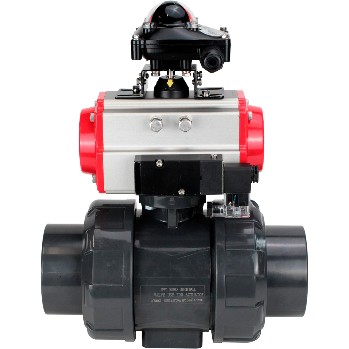 Ball valves Elephant BV4242E-FP-GRM-ISO, body material - UPVC, ball material - UPVC, seal - EPDM, with pneumatic actuator double action PA-DA, pneumatic distributor 4M310-08 220V and LSU APL-210N