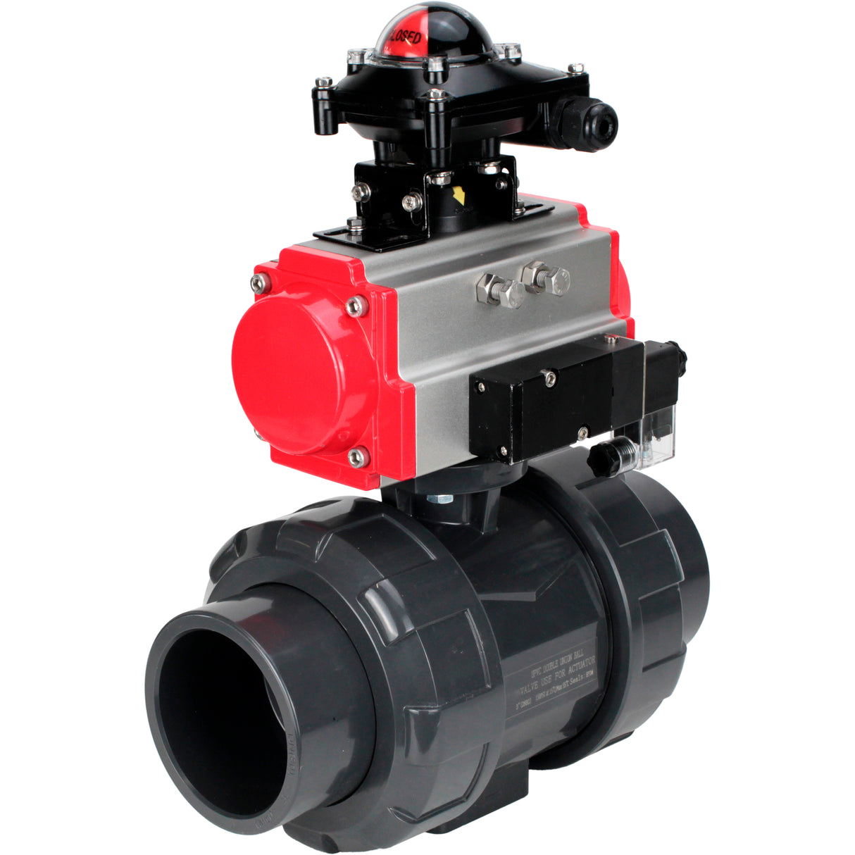 Ball valves Elephant BV4242E-FP-GRM-ISO, body material - UPVC, ball material - UPVC, seal - EPDM, with pneumatic actuator double action PA-DA, pneumatic distributor 4M310-08 220V and LSU APL-210N