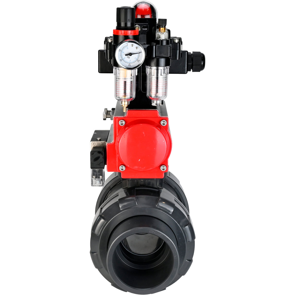 Ball valves Elephant BV4242E-FP-GRM-ISO, body material - UPVC, ball material - UPVC, seal - EPDM, with pneumatic actuator double action PA-DA, pneumatic distributor 4M310-08 220V, LSU APL-410N EX and ATU AFC2000