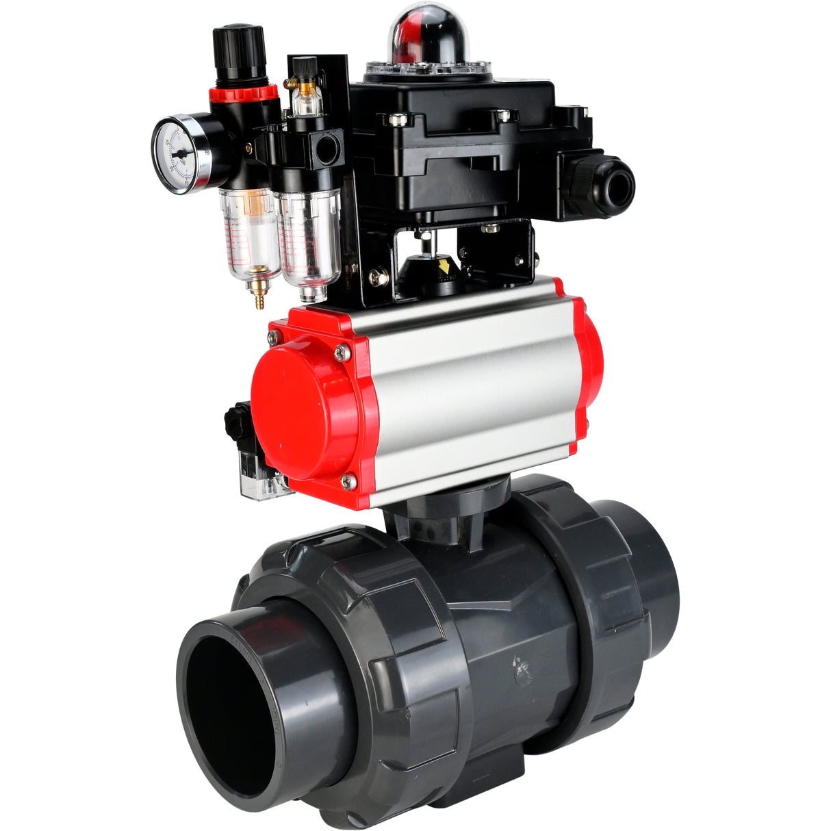 Ball valves Elephant BV4242E-FP-GRM-ISO, body material - UPVC, ball material - UPVC, seal - EPDM, with pneumatic actuator double action PA-DA, pneumatic distributor 4M310-08 220V, LSU APL-410N EX and ATU AFC2000