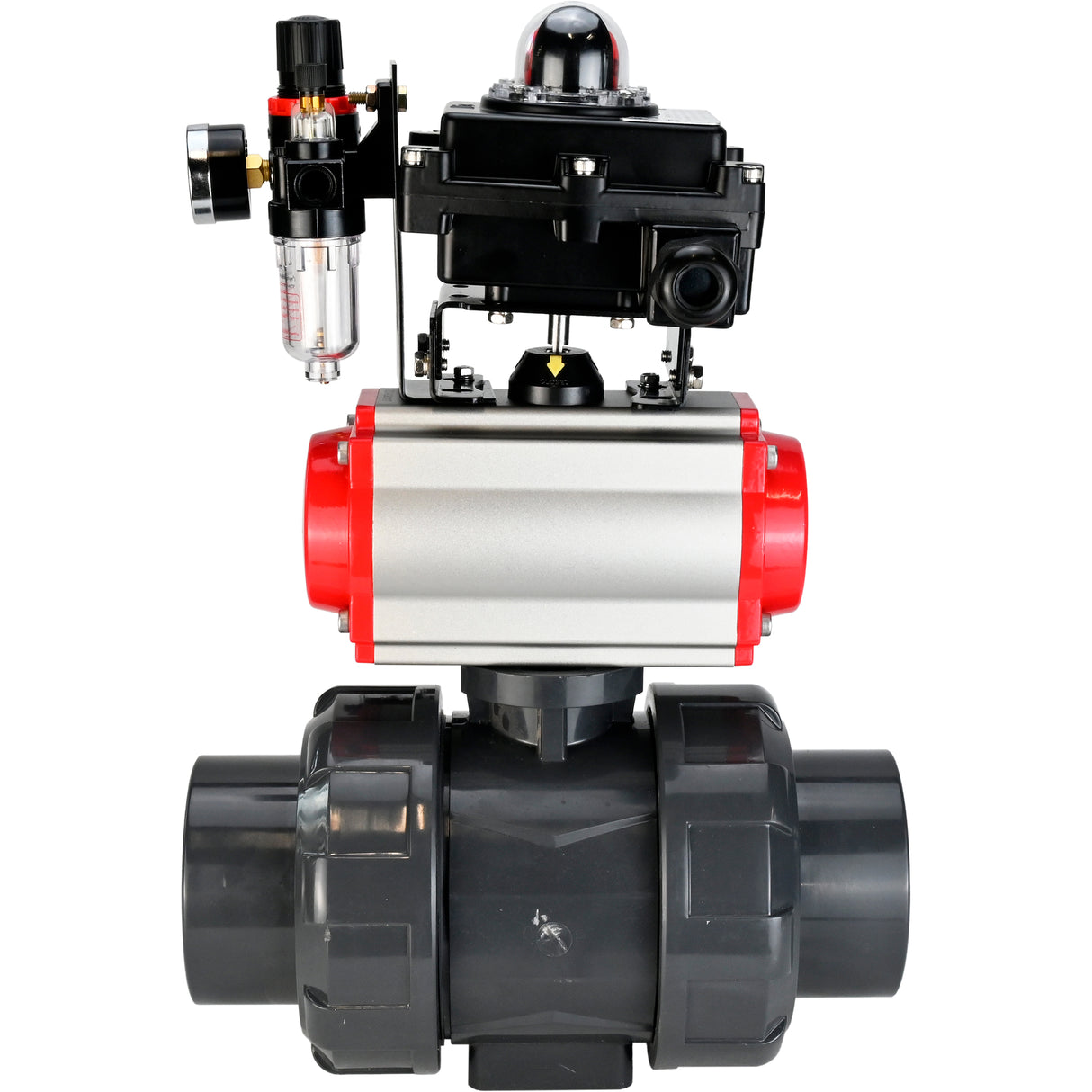 Ball valves Elephant BV4242E-FP-GRM-ISO, body material - UPVC, ball material - UPVC, seal - EPDM, with pneumatic actuator double action PA-DA, pneumatic distributor 4M310-08 220V, LSU APL-410N EX and ATU AFC2000