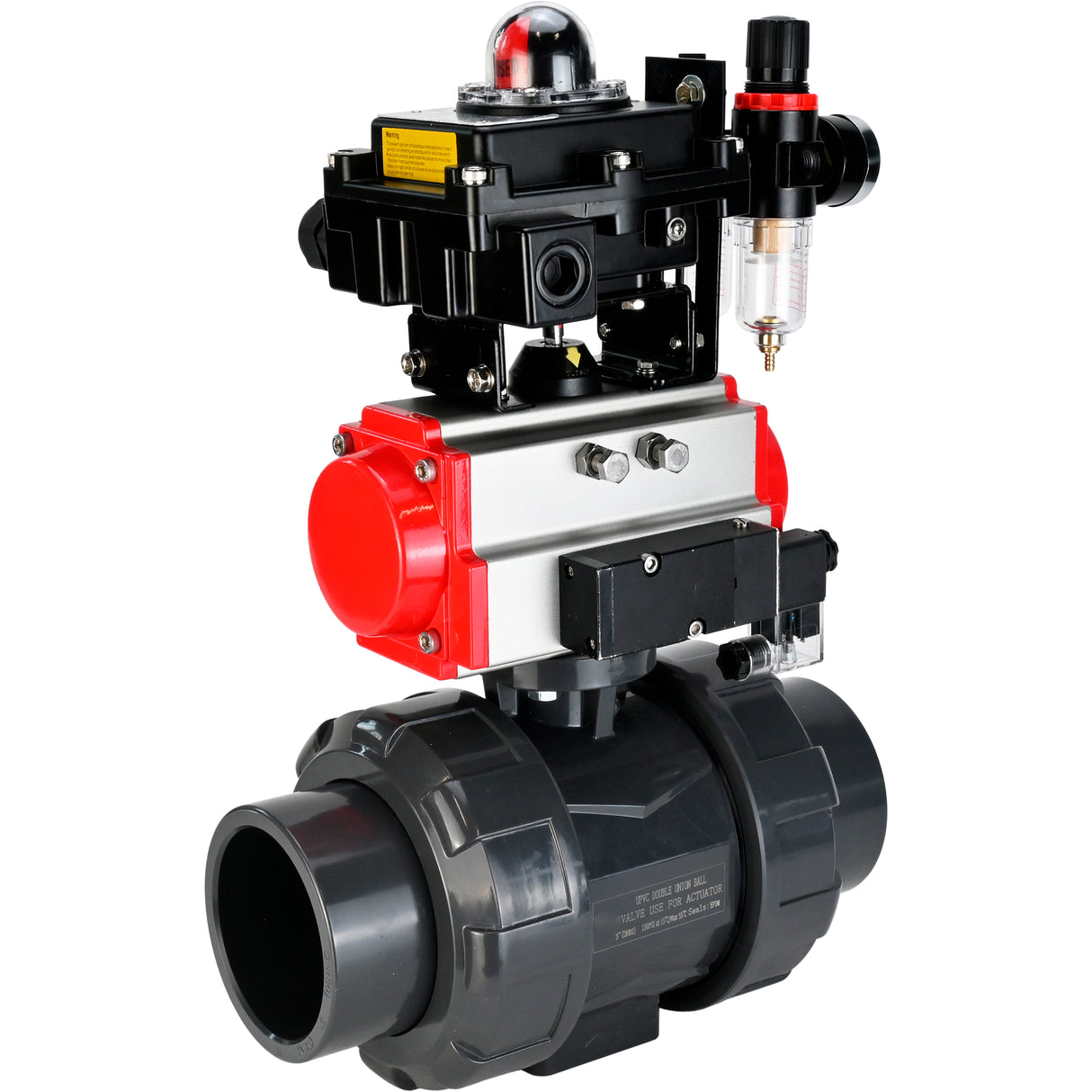 Ball valves Elephant BV4242E-FP-GRM-ISO, body material - UPVC, ball material - UPVC, seal - EPDM, with pneumatic actuator double action PA-DA, pneumatic distributor 4M310-08 220V, LSU APL-410N EX and ATU AFC2000
