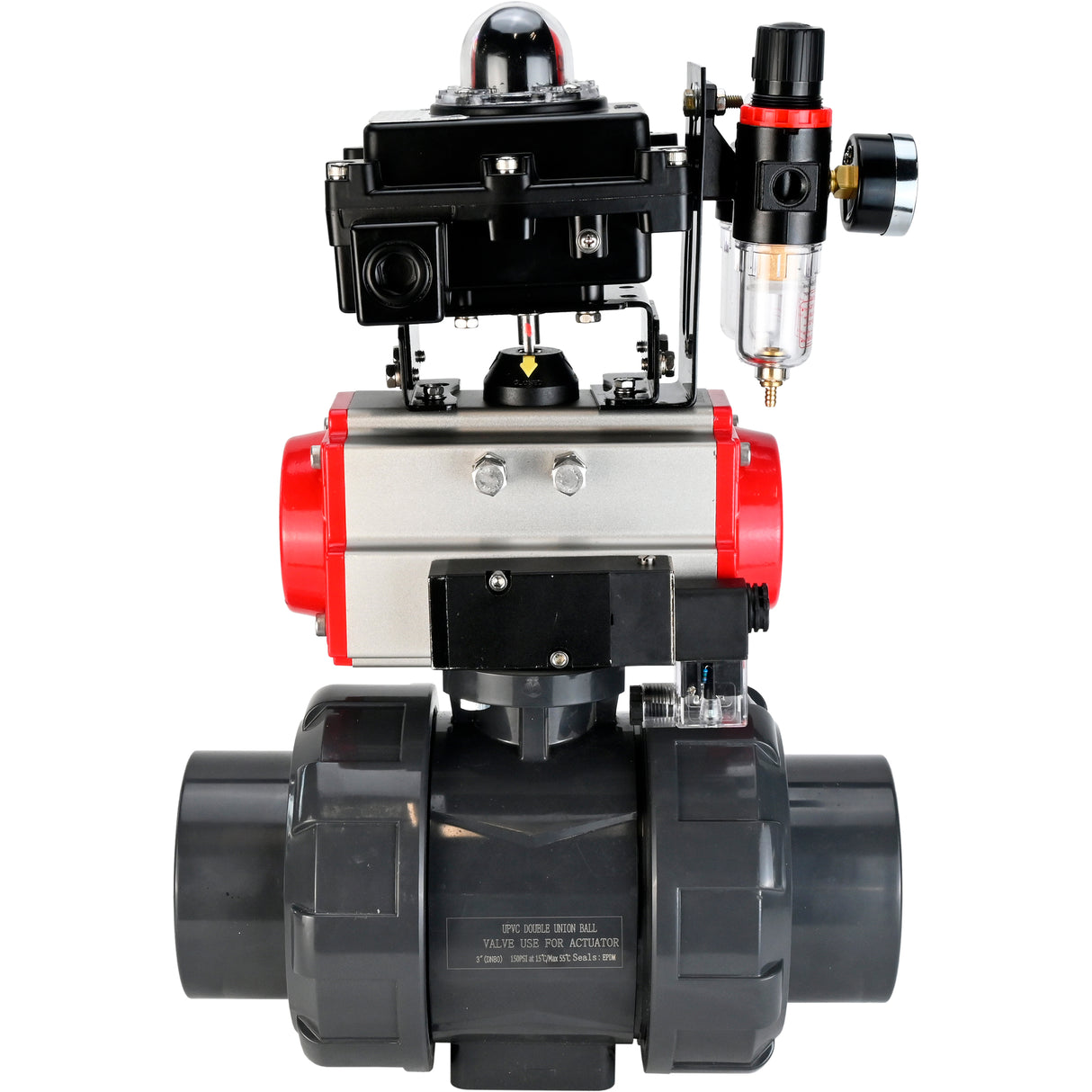 Ball valves Elephant BV4242E-FP-GRM-ISO, body material - UPVC, ball material - UPVC, seal - EPDM, with pneumatic actuator double action PA-DA, pneumatic distributor 4M310-08 220V, LSU APL-410N EX and ATU AFC2000