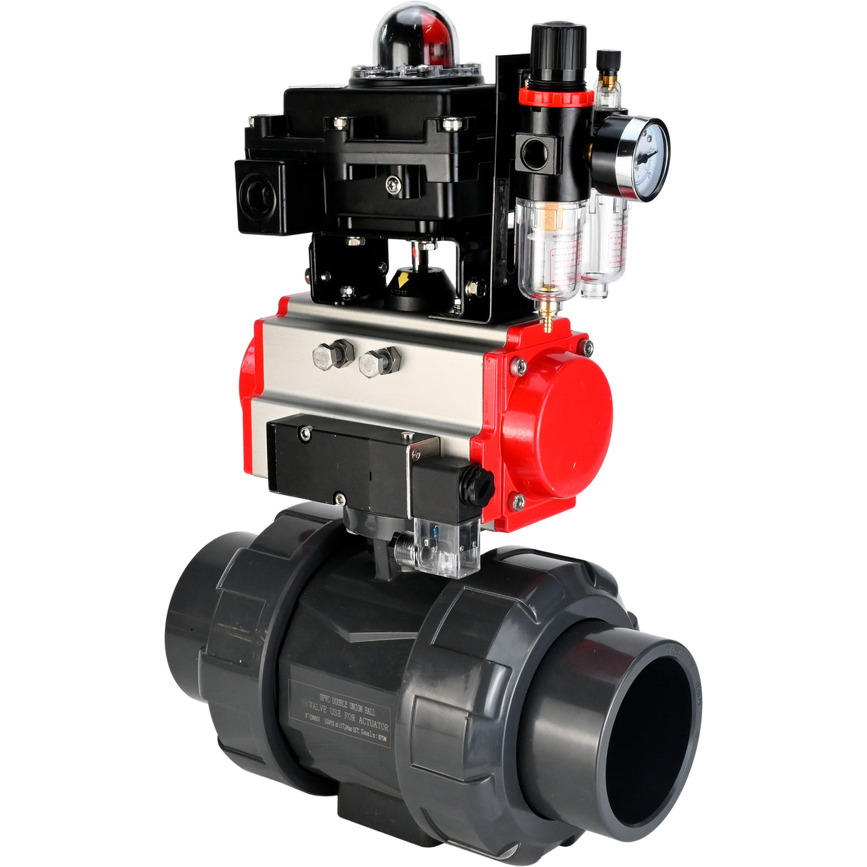 Ball valves Elephant BV4242E-FP-GRM-ISO, body material - UPVC, ball material - UPVC, seal - EPDM, with pneumatic actuator double action PA-DA, pneumatic distributor 4M310-08 24V, LSU APL-410N EX and ATU AFC2000
