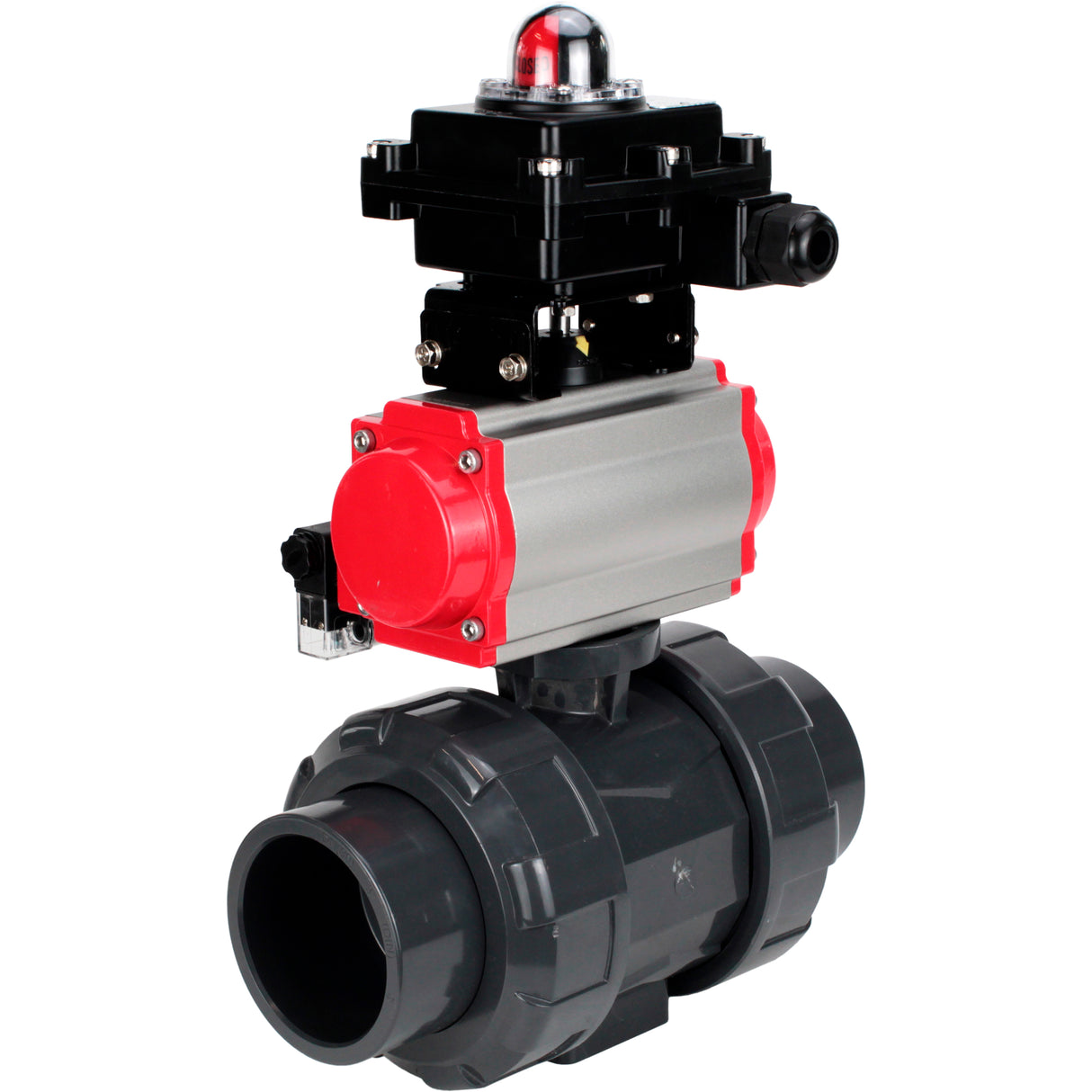 Ball valves Elephant BV4242E-FP-GRM-ISO, body material - UPVC, ball material - UPVC, seal - EPDM, with pneumatic actuator double action PA-DA, pneumatic distributor 4M310-08 220V and LSU APL-410N EX