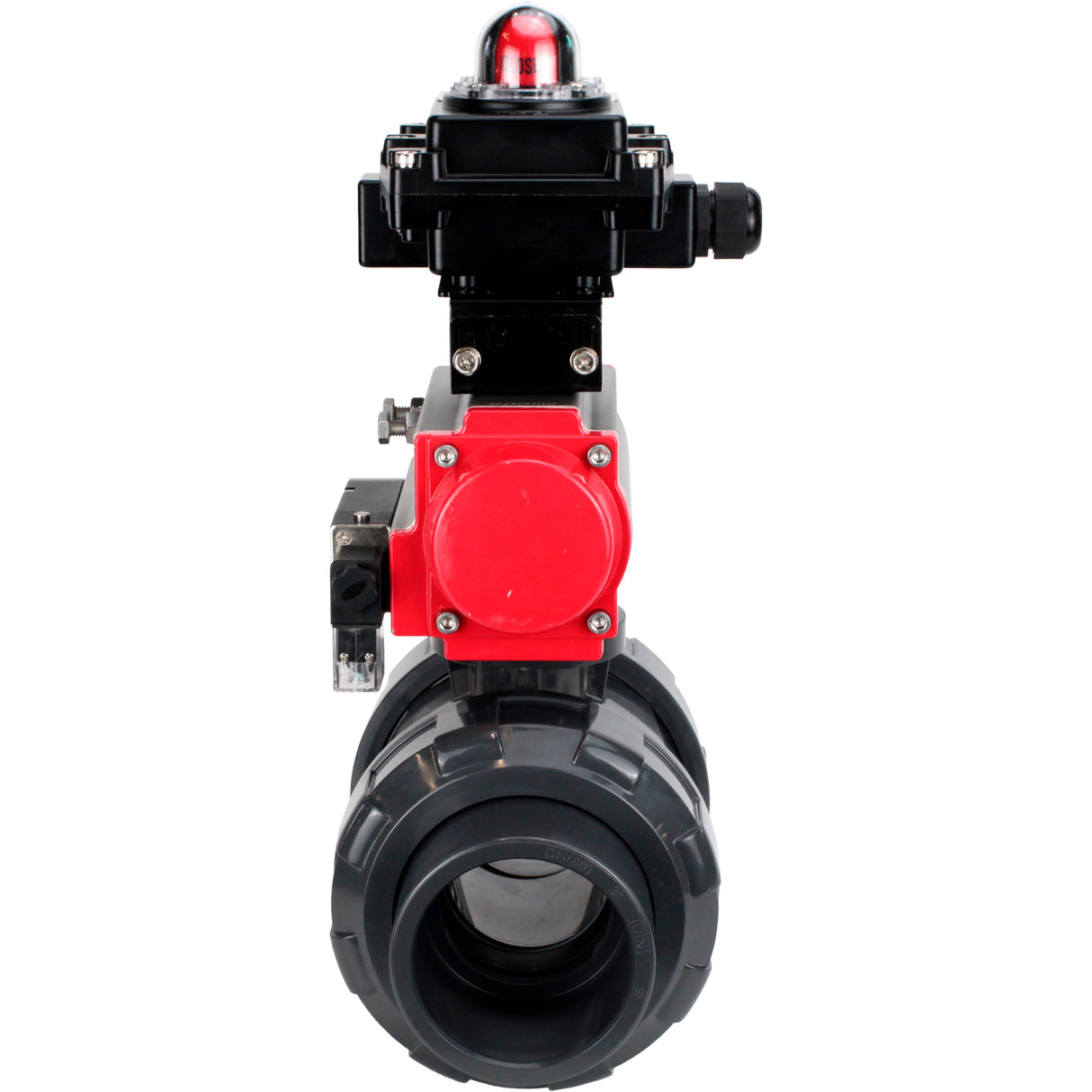 Ball valves Elephant BV4242E-FP-GRM-ISO, body material - UPVC, ball material - UPVC, seal - EPDM, with pneumatic actuator double action PA-DA, pneumatic distributor 4M310-08 220V and LSU APL-410N EX