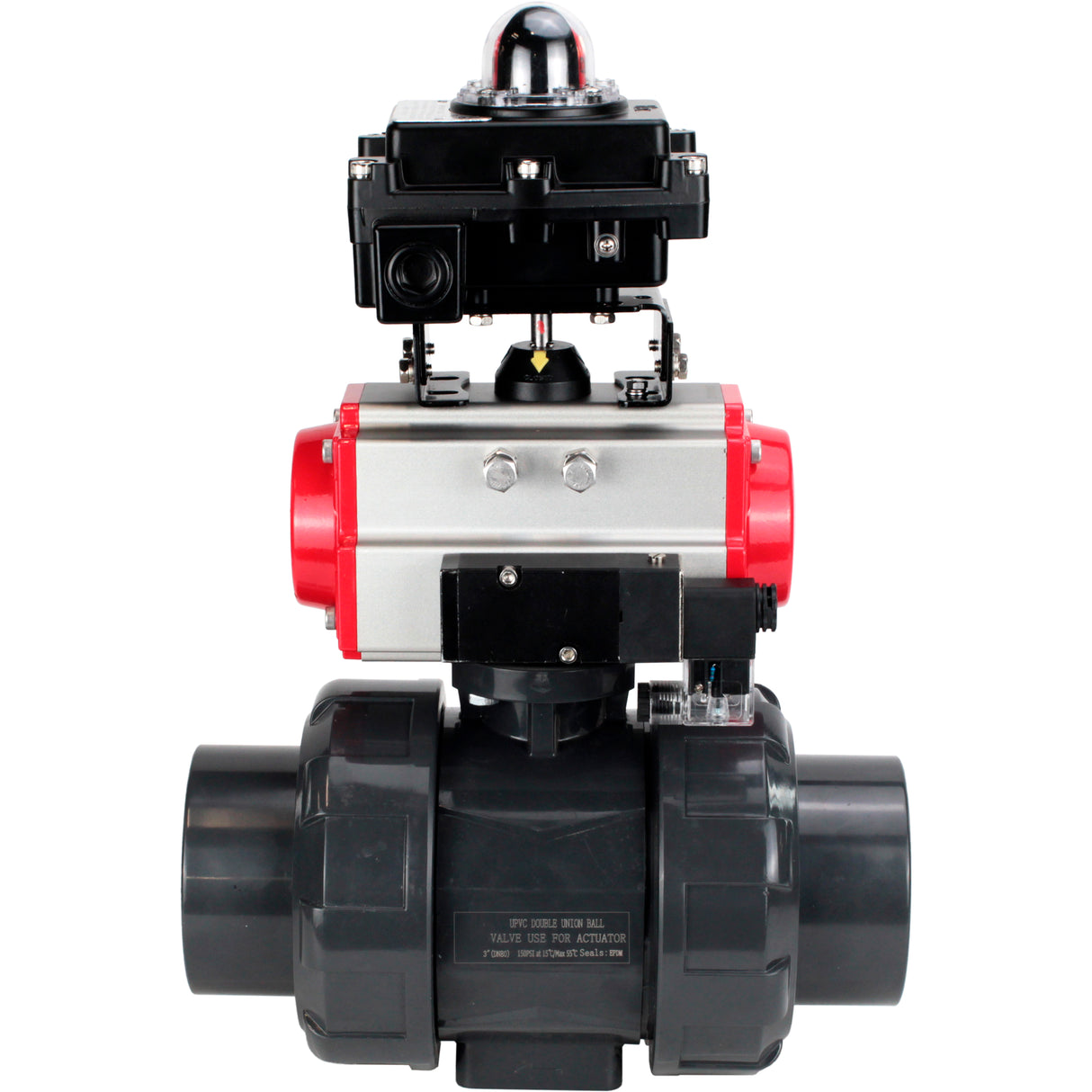 Ball valves Elephant BV4242E-FP-GRM-ISO, body material - UPVC, ball material - UPVC, seal - EPDM, with pneumatic actuator double action PA-DA, pneumatic distributor 4M310-08 220V and LSU APL-410N EX