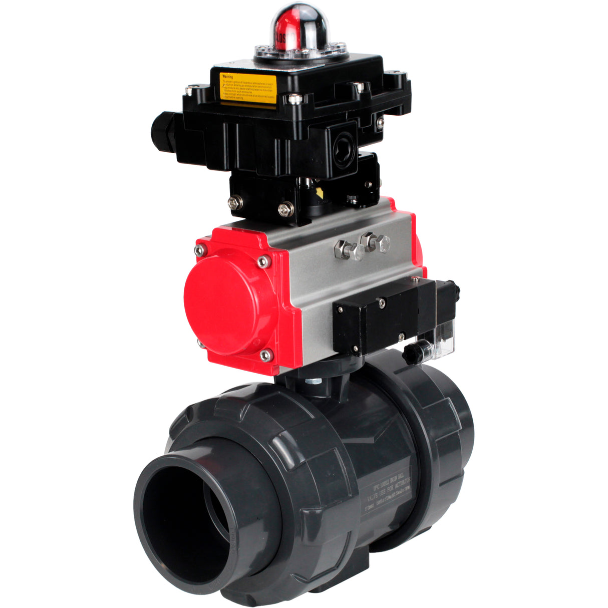 Ball valves Elephant BV4242E-FP-GRM-ISO, body material - UPVC, ball material - UPVC, seal - EPDM, with pneumatic actuator double action PA-DA, pneumatic distributor 4M310-08 220V and LSU APL-410N EX