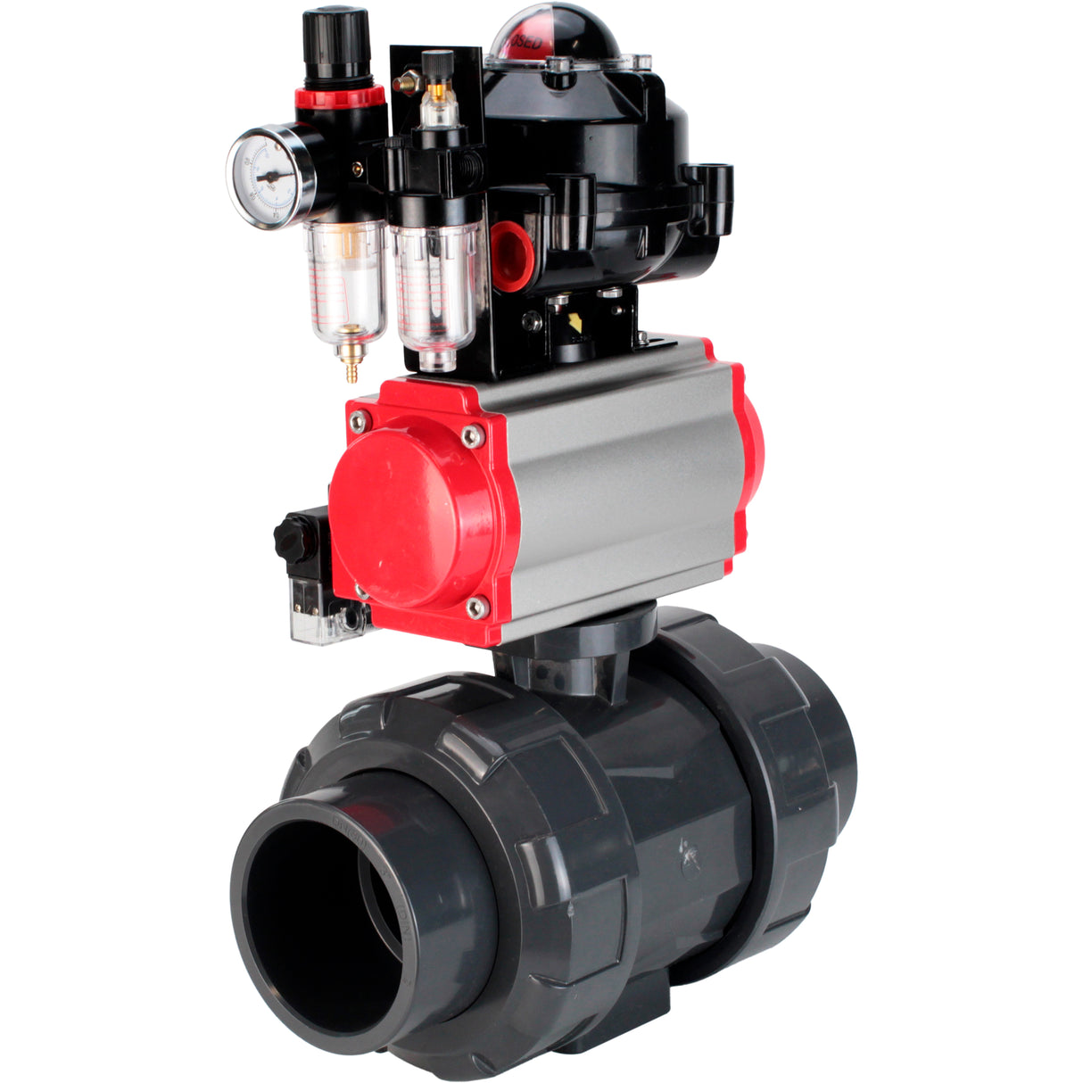 Ball valves Elephant BV4242E-FP-GRM-ISO, body material - UPVC, ball material - UPVC, seal - EPDM, with pneumatic actuator double action PA-DA, pneumatic distributor 4M310-08 24V, LSU APL-510N EX and ATU AFC2000
