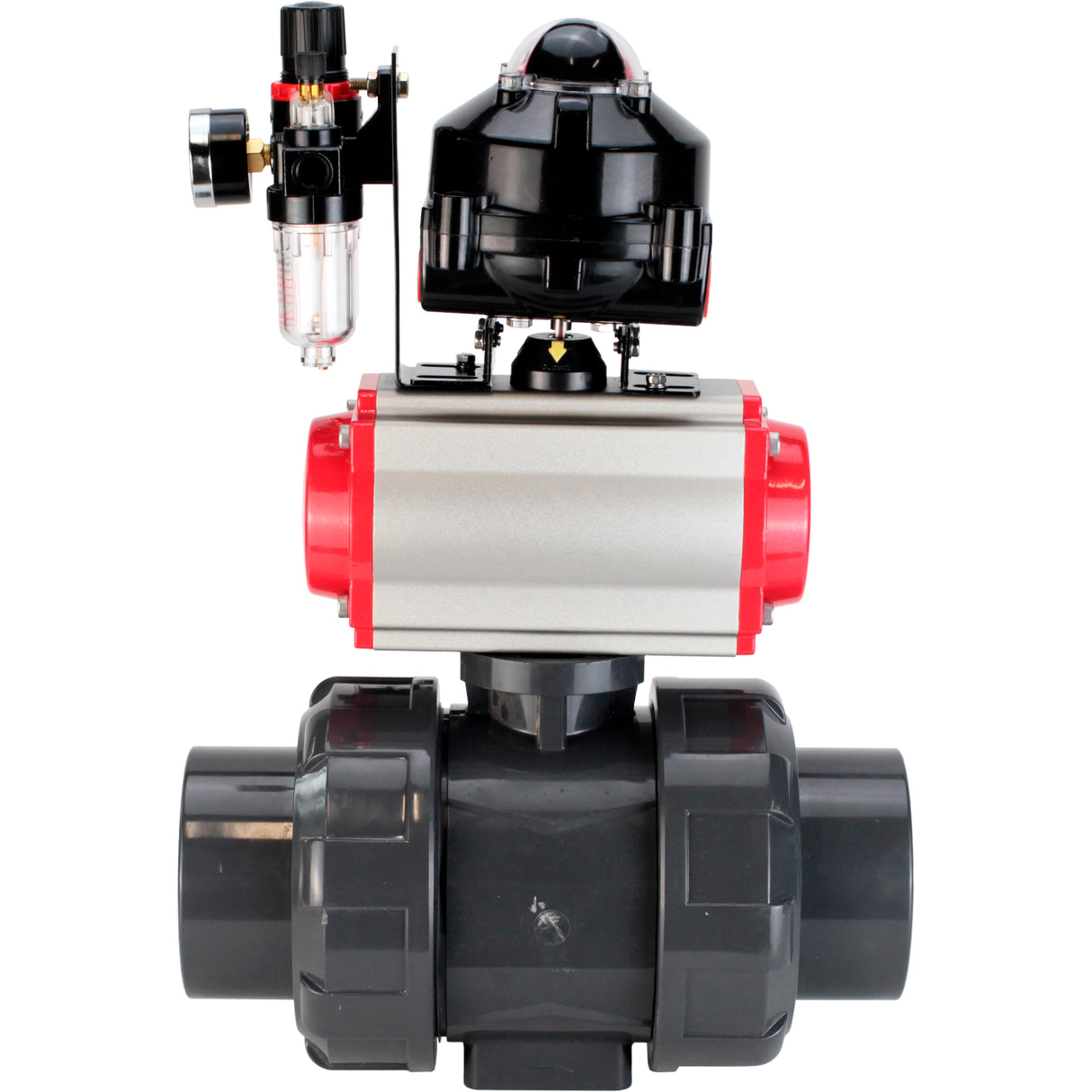 Ball valves Elephant BV4242E-FP-GRM-ISO, body material - UPVC, ball material - UPVC, seal - EPDM, with pneumatic actuator double action PA-DA, pneumatic distributor 4M310-08 24V, LSU APL-510N EX and ATU AFC2000