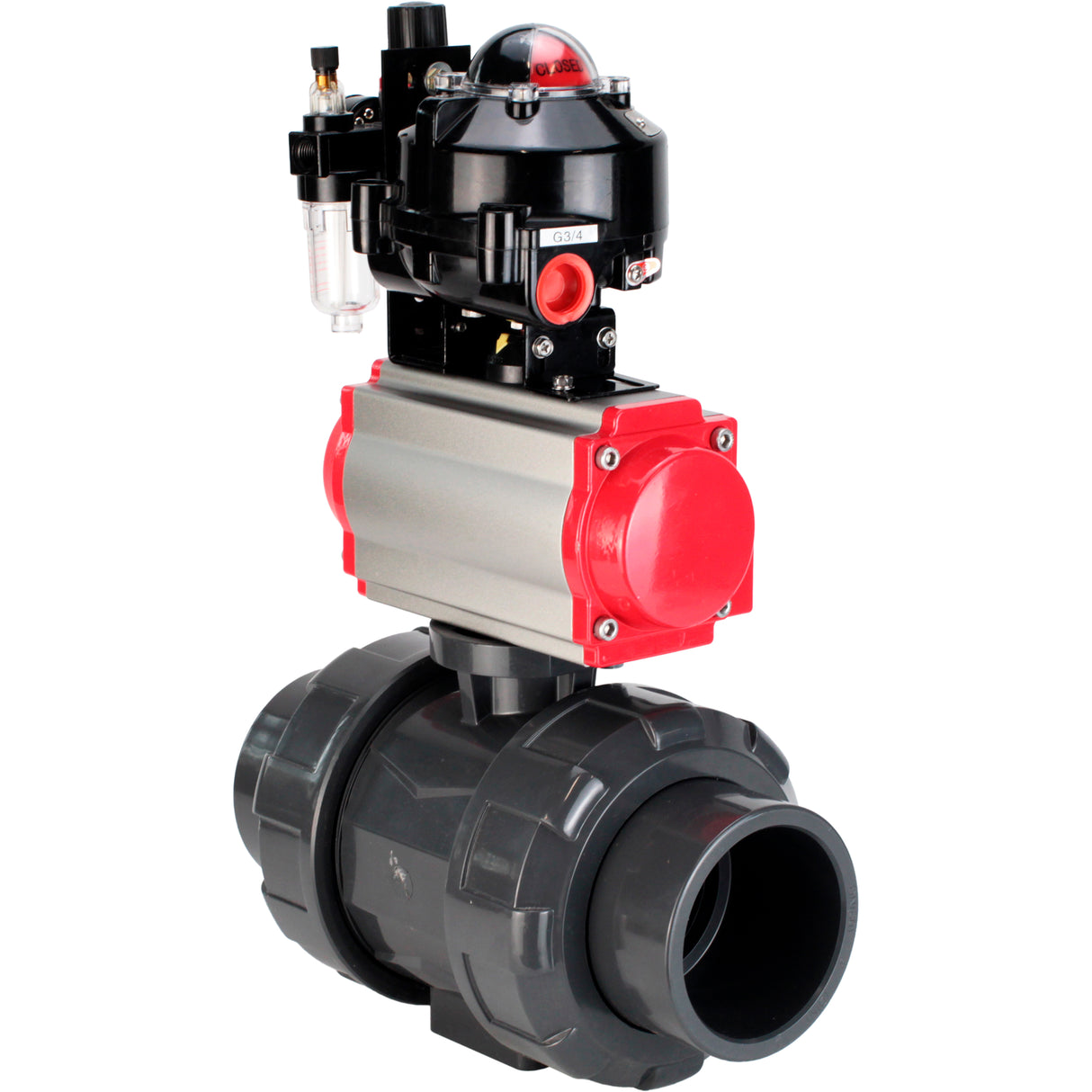 Ball valves Elephant BV4242E-FP-GRM-ISO, body material - UPVC, ball material - UPVC, seal - EPDM, with pneumatic actuator double action PA-DA, pneumatic distributor 4M310-08 24V, LSU APL-510N EX and ATU AFC2000