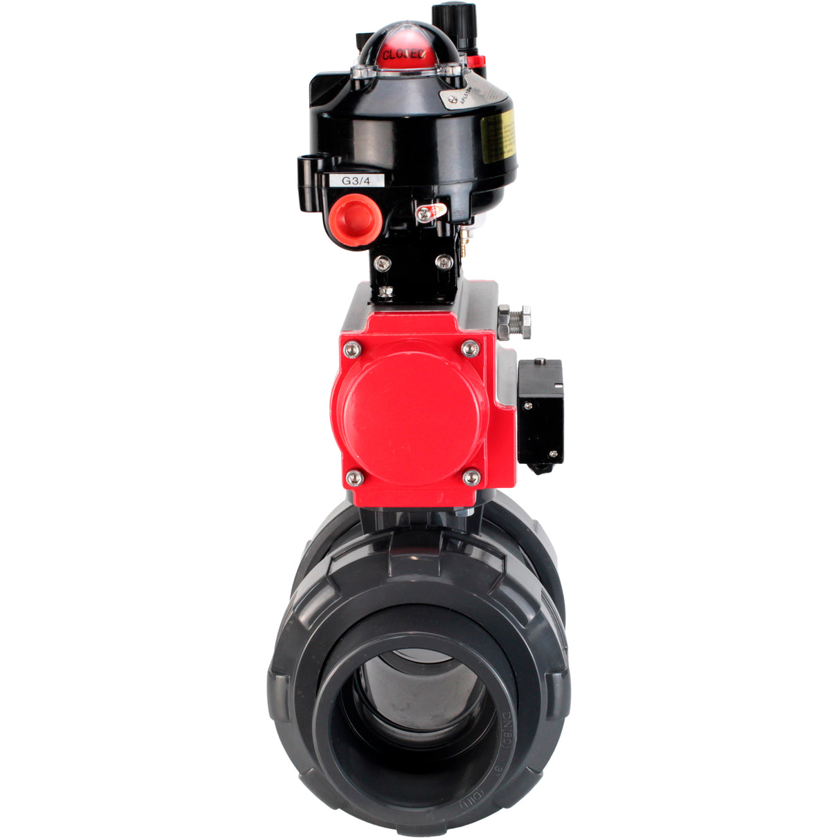 Ball valves Elephant BV4242E-FP-GRM-ISO, body material - UPVC, ball material - UPVC, seal - EPDM, with pneumatic actuator double action PA-DA, pneumatic distributor 4M310-08 24V, LSU APL-510N EX and ATU AFC2000