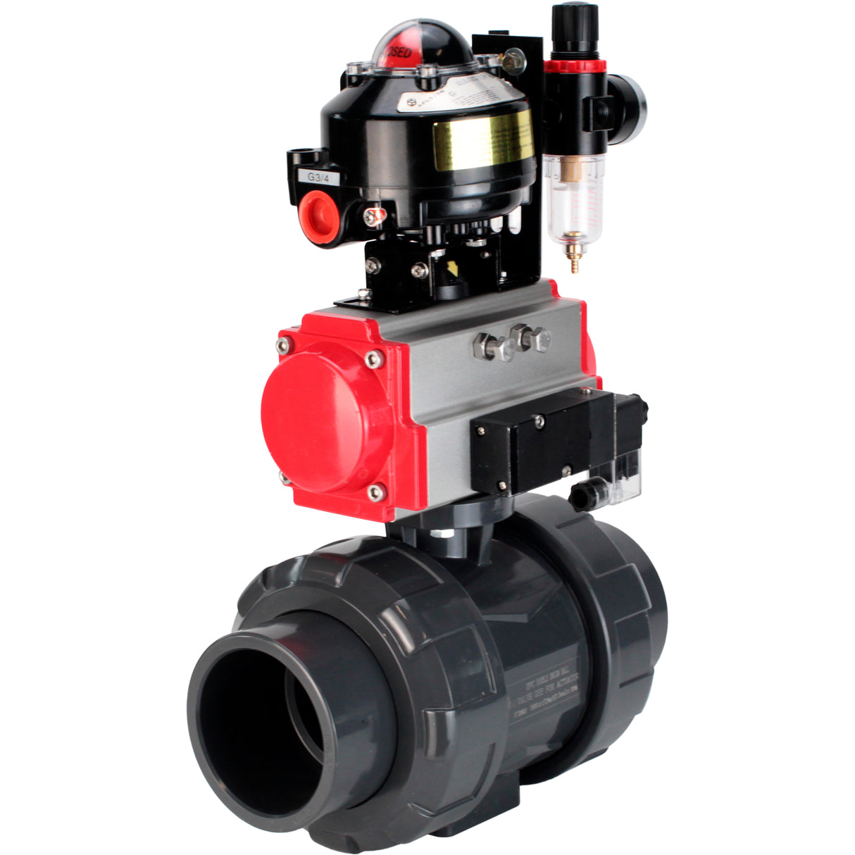 Ball valves Elephant BV4242E-FP-GRM-ISO, body material - UPVC, ball material - UPVC, seal - EPDM, with pneumatic actuator double action PA-DA, pneumatic distributor 4M310-08 24V, LSU APL-510N EX and ATU AFC2000