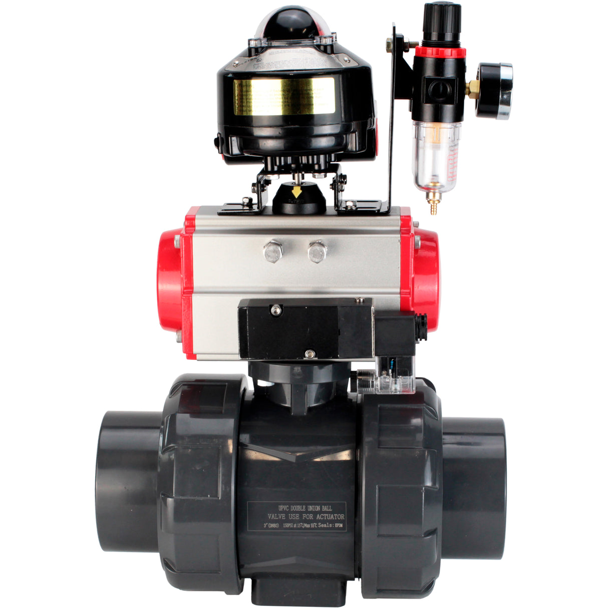 Ball valves Elephant BV4242E-FP-GRM-ISO, body material - UPVC, ball material - UPVC, seal - EPDM, with pneumatic actuator double action PA-DA, pneumatic distributor 4M310-08 24V, LSU APL-510N EX and ATU AFC2000