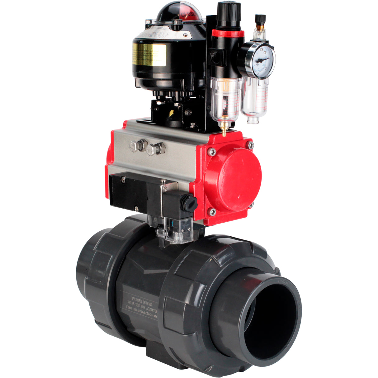 Ball valves Elephant BV4242E-FP-GRM-ISO, body material - UPVC, ball material - UPVC, seal - EPDM, with pneumatic actuator double action PA-DA, pneumatic distributor 4M310-08 220V, LSU APL-510N EX and ATU AFC2000