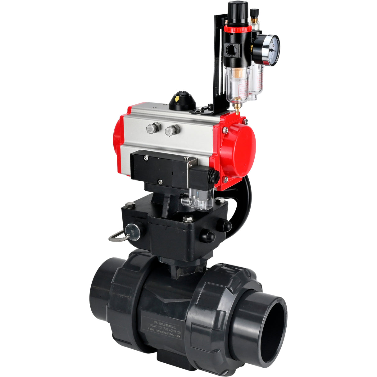 Ball valves Elephant BV4242E-FP-GRM-ISO, body material - UPVC, ball material - UPVC, seal - EPDM, with pneumatic actuator double action PA-DA, pneumatic distributor 4M310-08 220V, ATU AFC2000 and handwheel MON