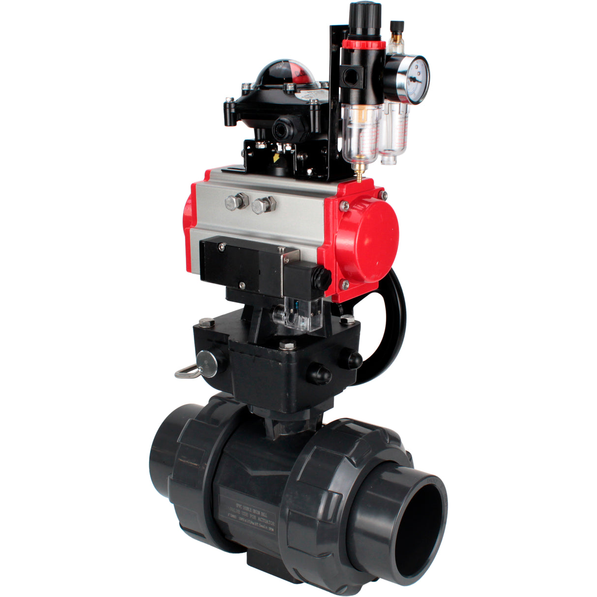 Ball valves Elephant BV4242E-FP-GRM-ISO, body material - UPVC, ball material - UPVC, seal - EPDM, with pneumatic actuator double action PA-DA, pneumatic distributor 4M310-08 24V, LSU APL-210N, ATU AFC2000 and handwheel MON